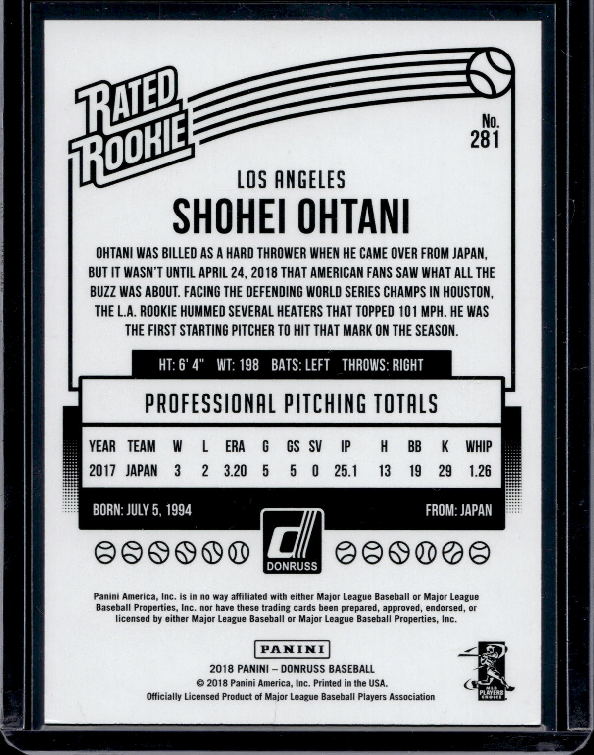 2018 Panini Donruss Shohei Ohtani #281 RC