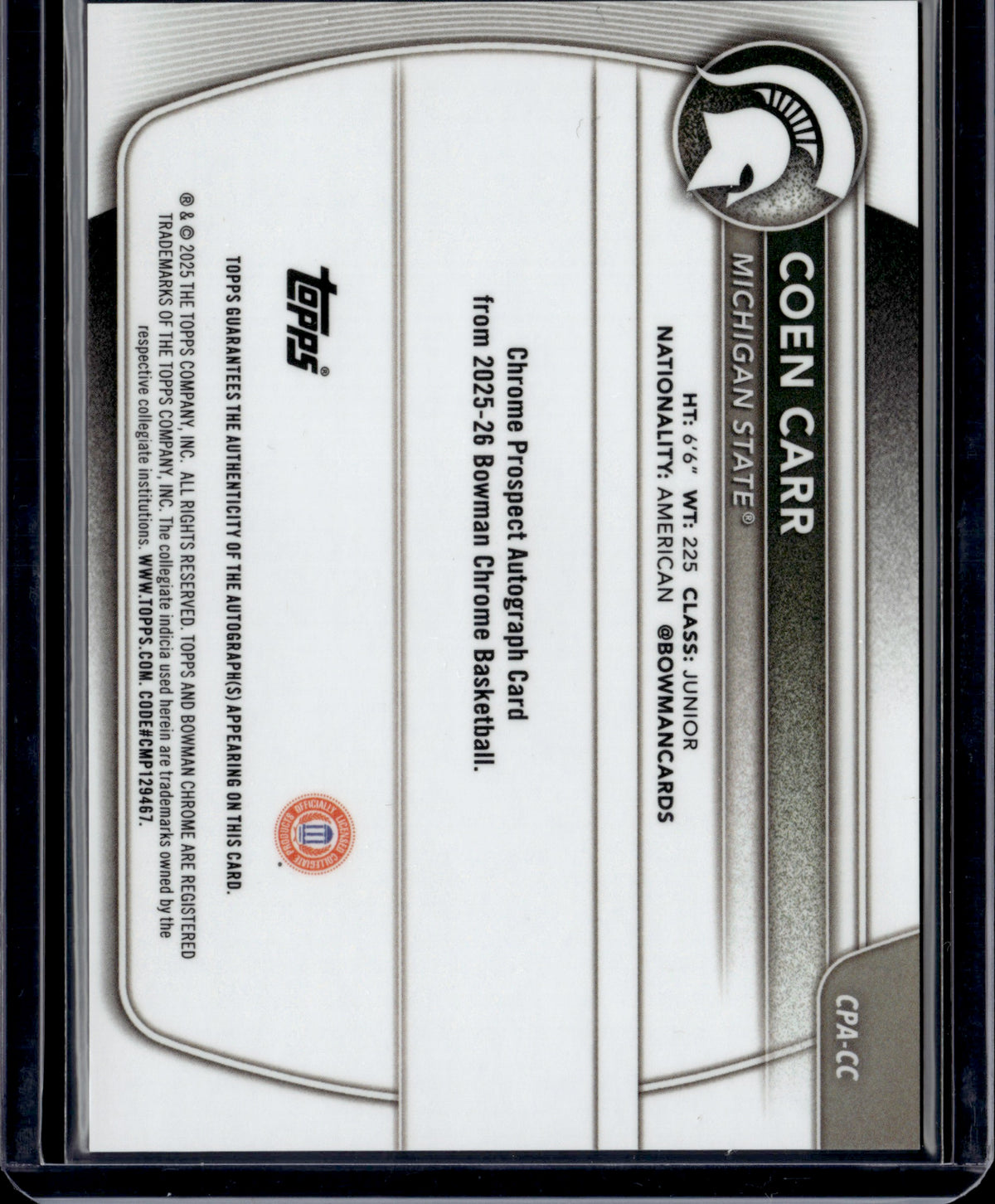 2025 Bowman Chrome University Coen Carr #CPA-CC Red Geometric Auto /5