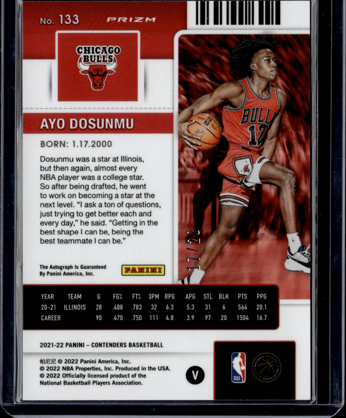 2022 Panini Contenders Optic Ayo Dosunmu #133 Red Blue Shimmer Auto /20 RC