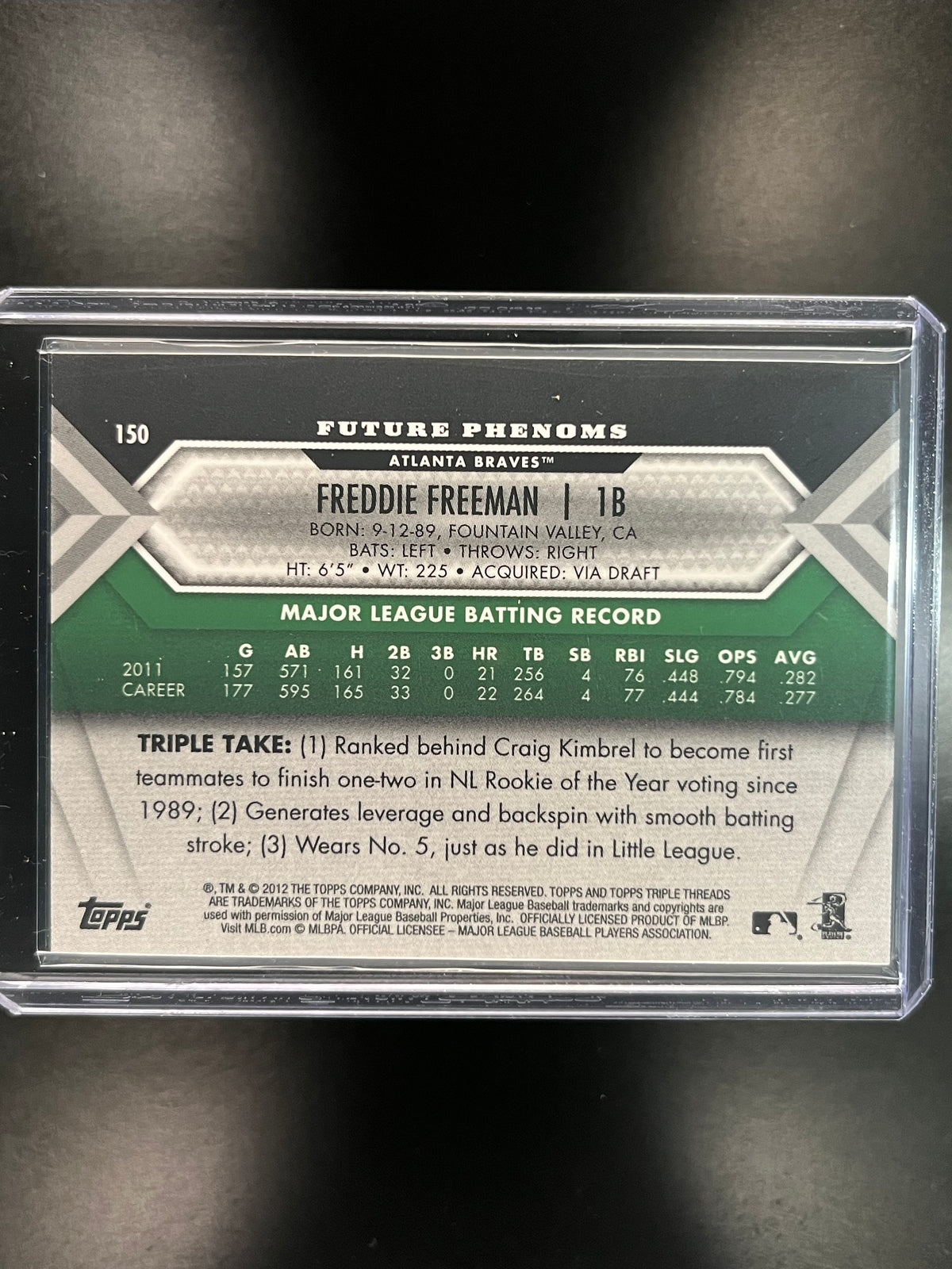 2012 Topps Triple Threads Freddie Freeman #150 Emerald Patch Auto /50