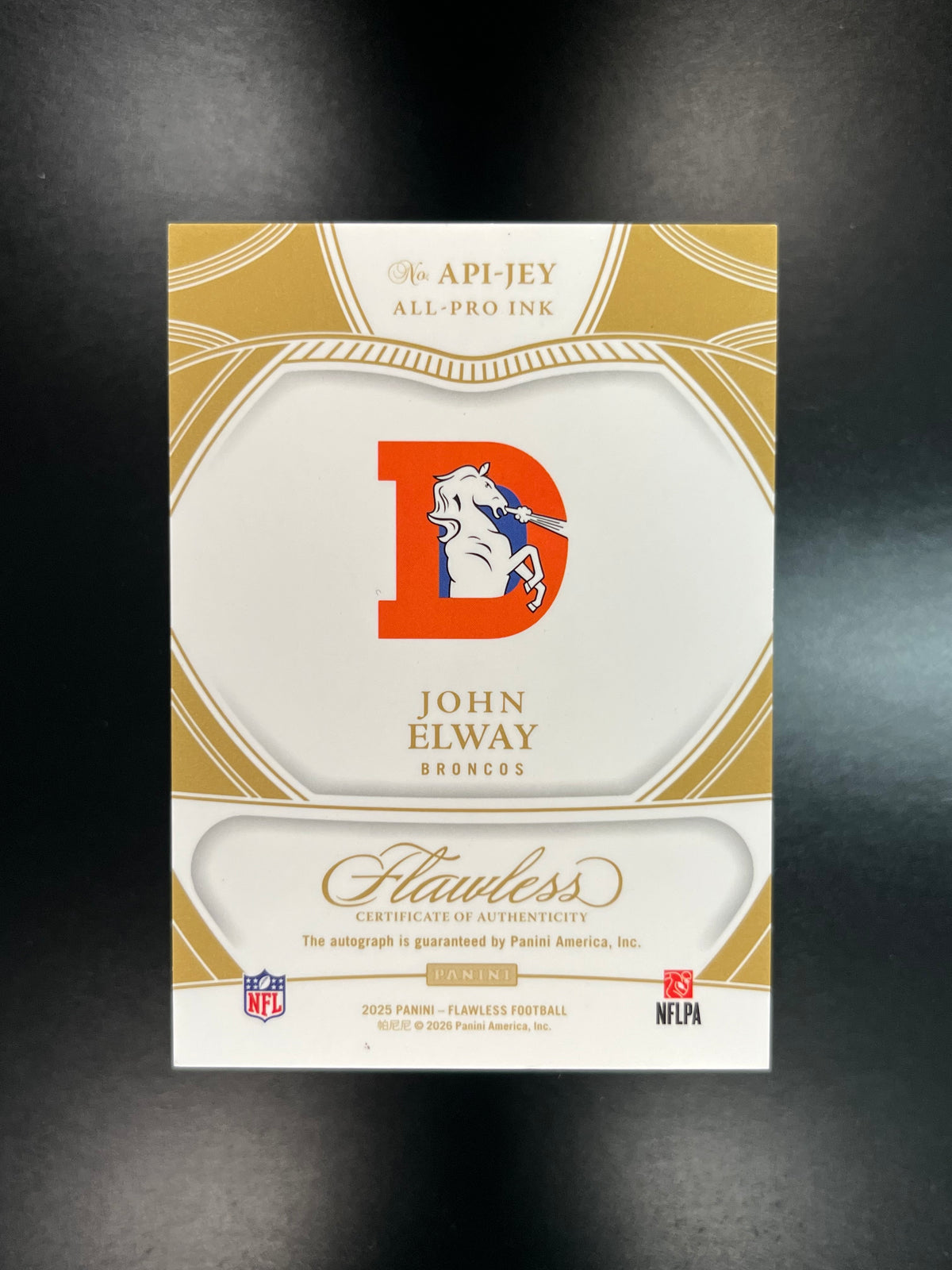 2026 Panini Flawless John Elway #API-JEY All Pro Ink Blue Auto /10