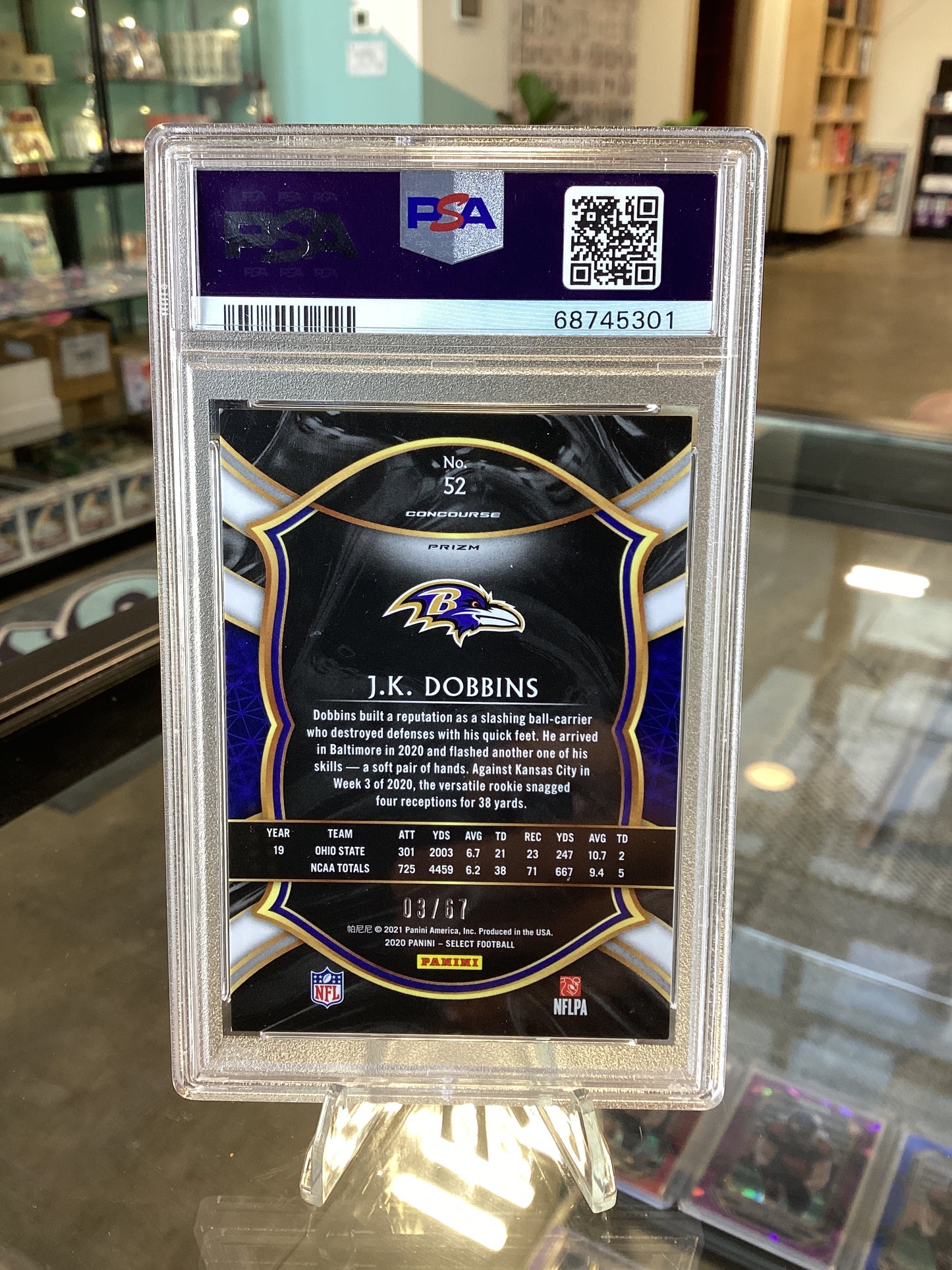 2020 Panini Select J. K. Dobbins #52 Dragon Scale Prizm PSA 8