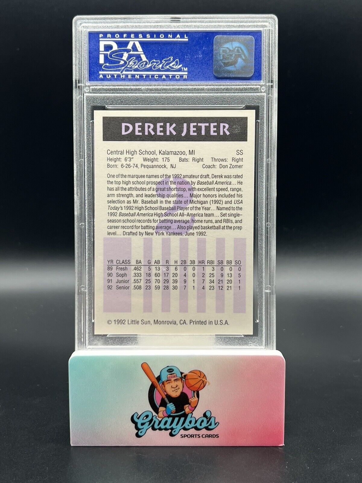 1992 Little Sun High School Prospect #2 Derek Jeter RC Rookie PSA 9 MINT