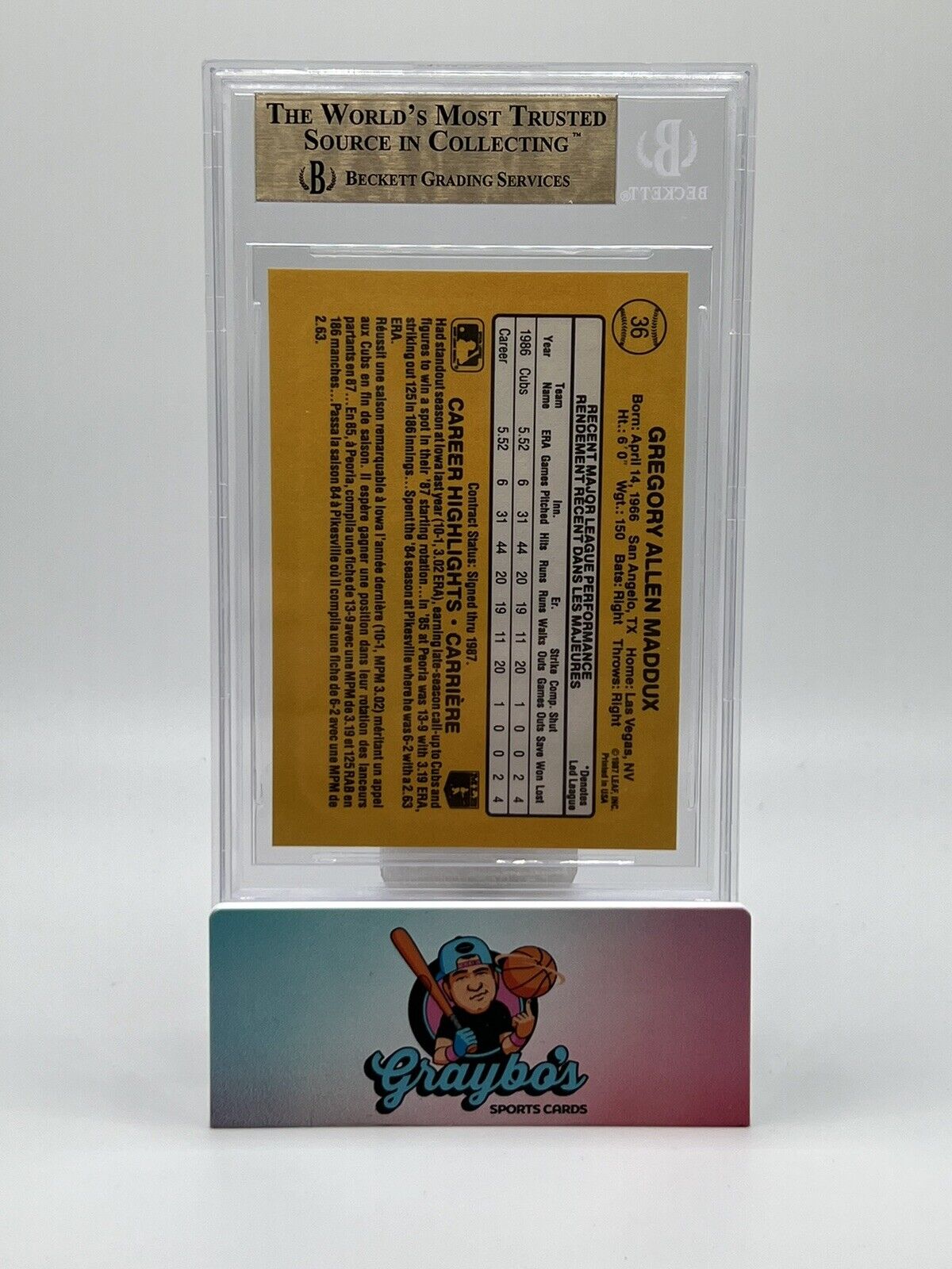 1987 Donruss Leaf #36 Greg Maddux Chicago Cubs RC Rookie BGS 9.5