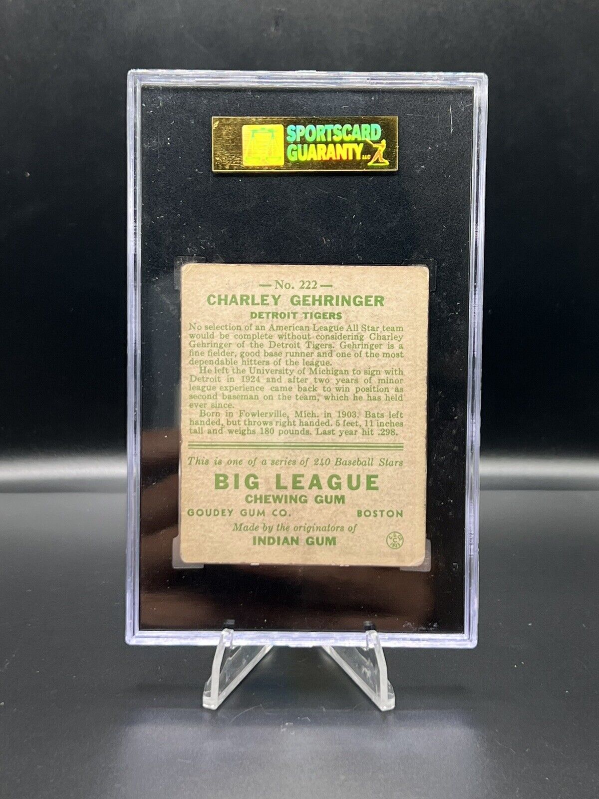 1933 Goudey Big League Chewing Gum R319 Charlie Gehringer #222 SGC 40 VG 3 HOF