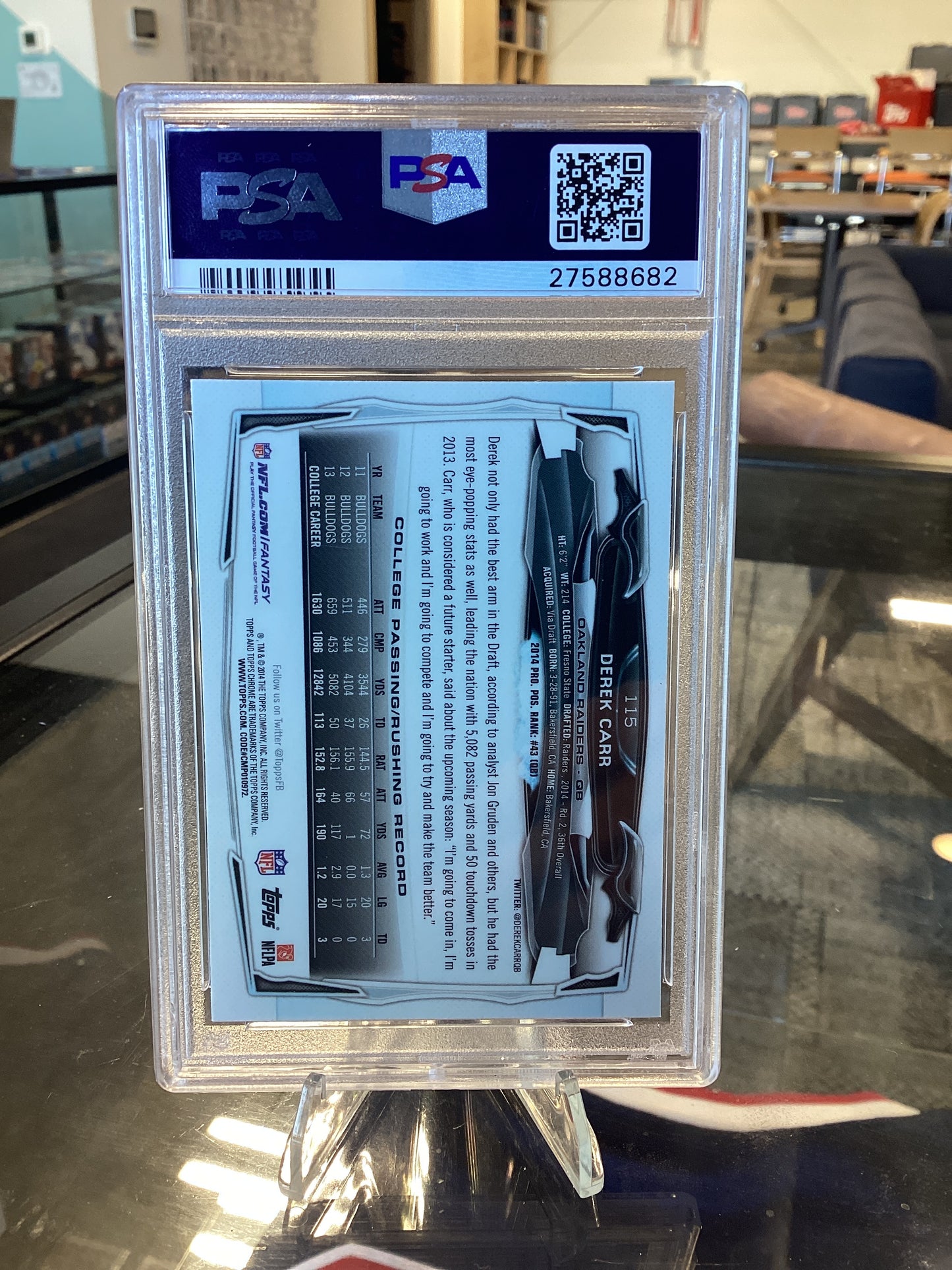 2014 Topps Chrome Derek Carr #115 With Ball Refractor PSA 10