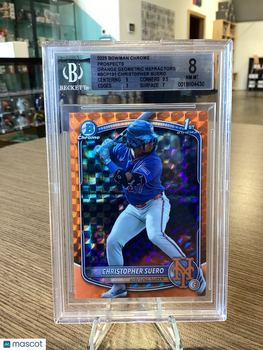 2025 Bowman Chrome Prospects Orange Geometric Refractors Christopher Suero BGS 8