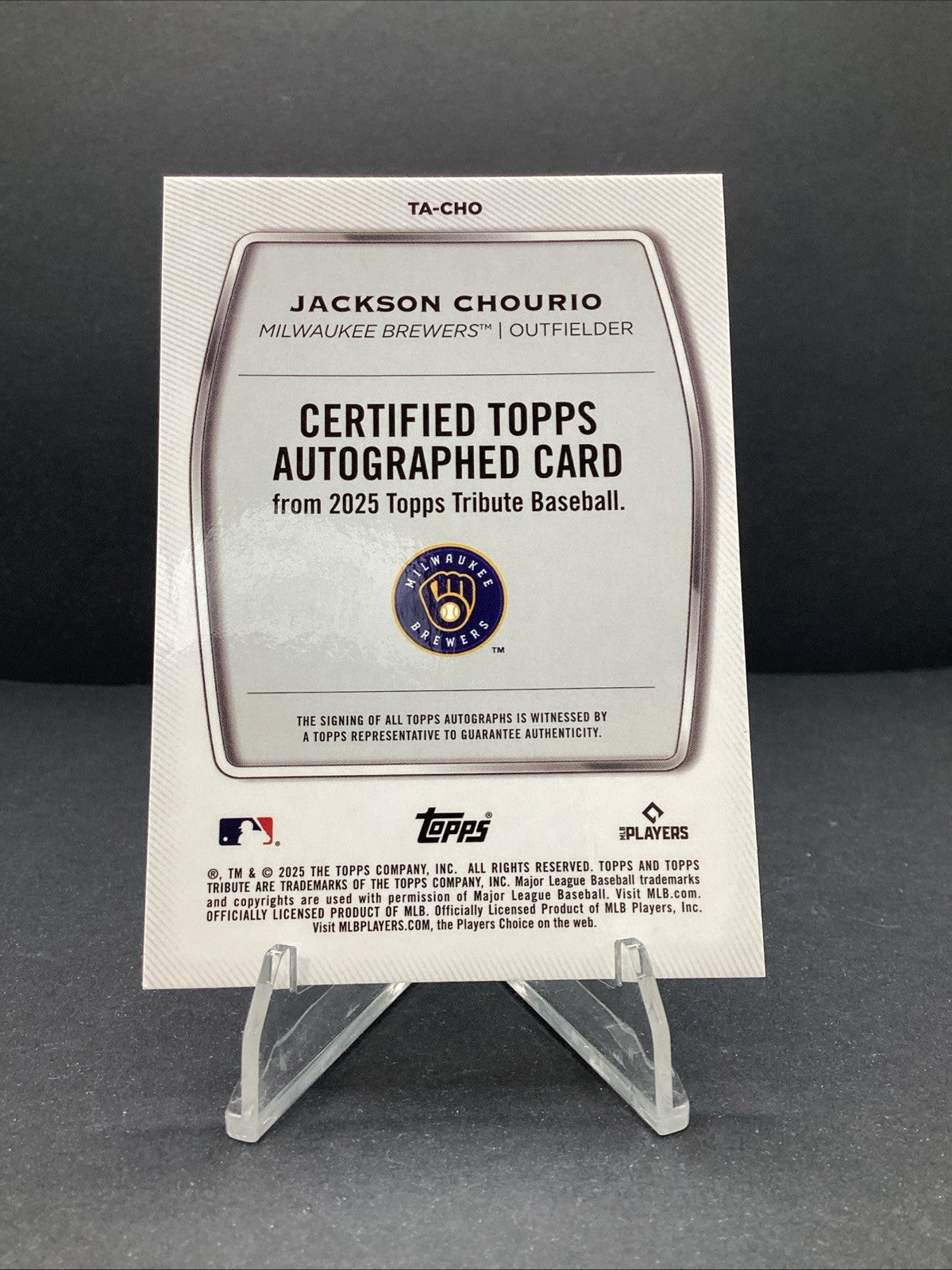 2025 TOPPS TRIBUTE JACKSON CHOURIO Blue Auto /150 Brewers #TA-CHO