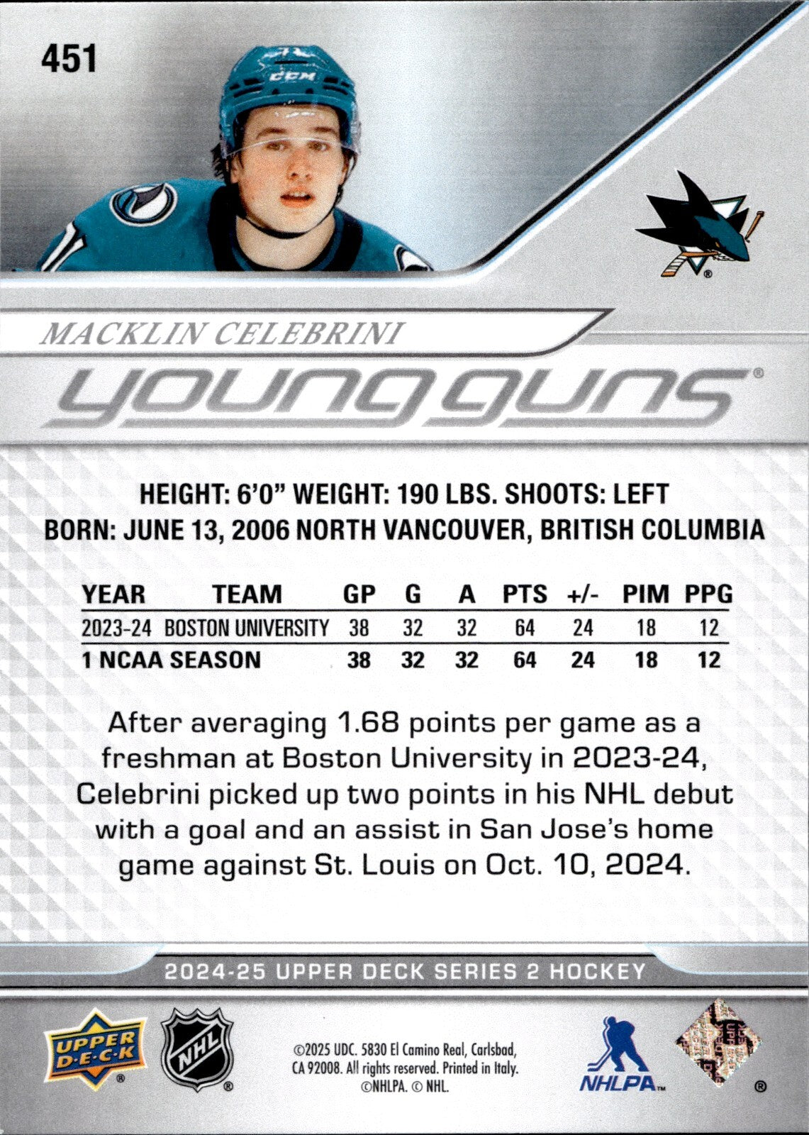 2024-25 Upper Deck Series 2 Young Guns Macklin Celebrini #451 (RC)
