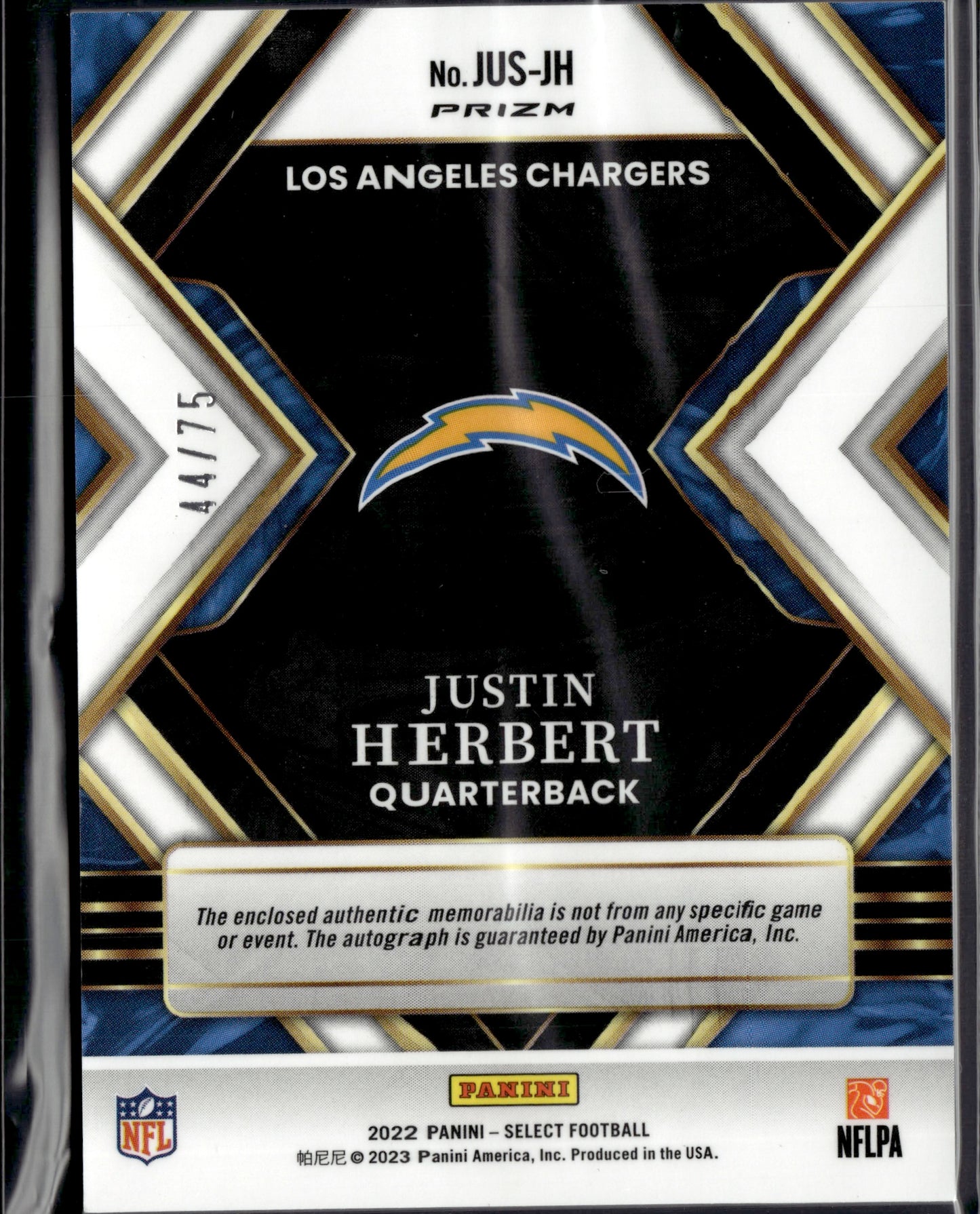 2023 Panini Select Prizm Justin Herbert #JUS-JH 44/75 Autograph Patch
