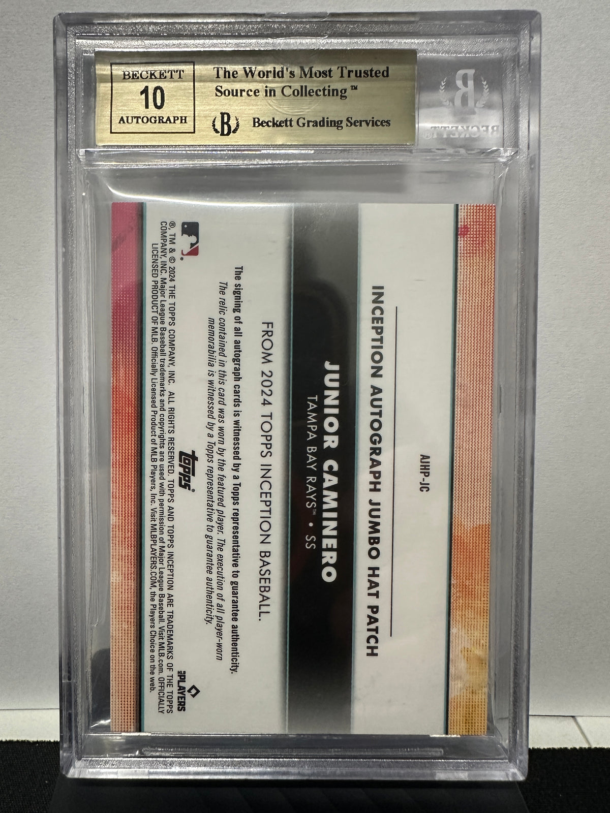 2024 Topps Inception Jumbo Hat Patch Autograph New Era Junior Caminero /4 BGS 10
