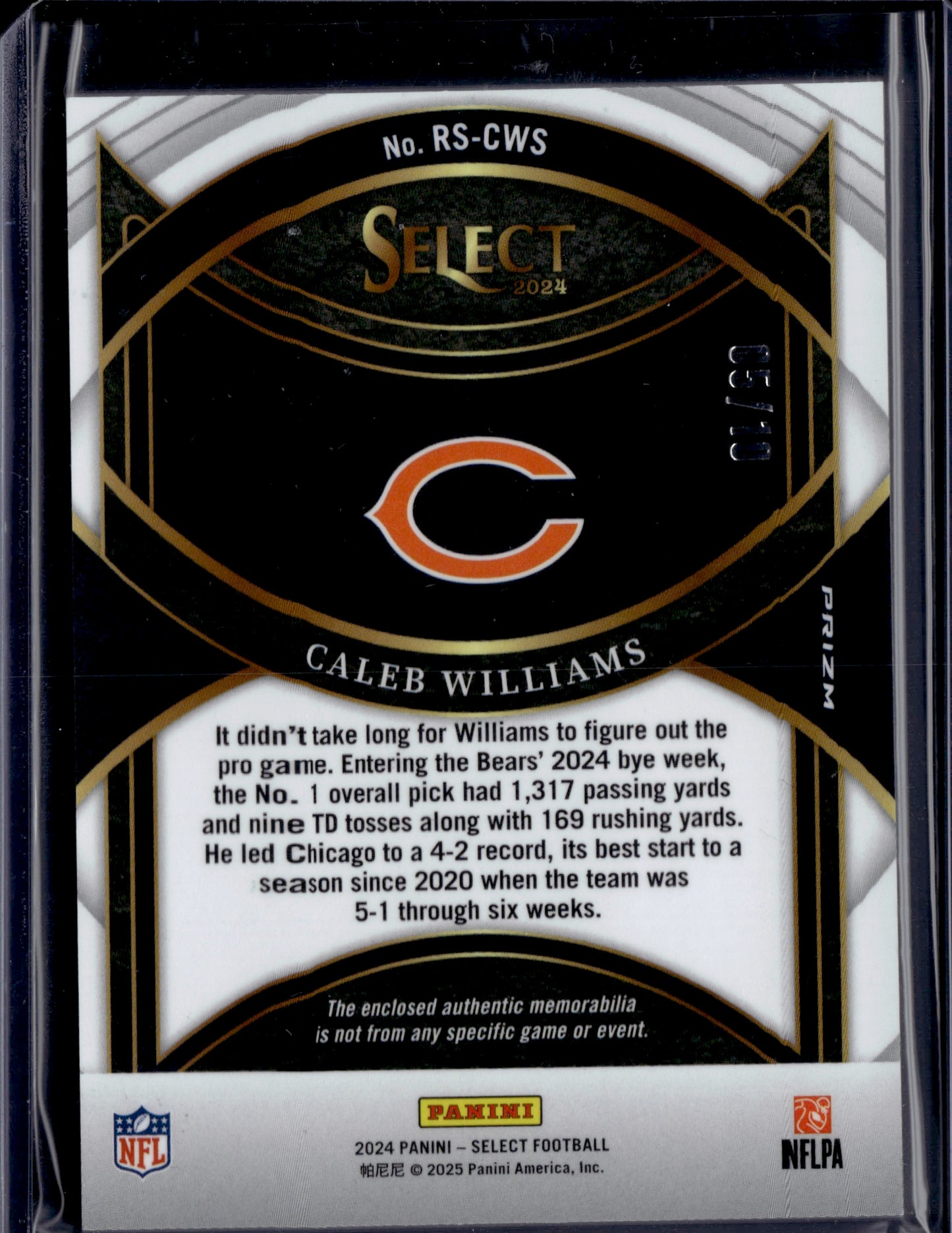 2025 Panini Select Prizm Caleb Williams #RS-CWS Checkerboard RC 05/10 Patch