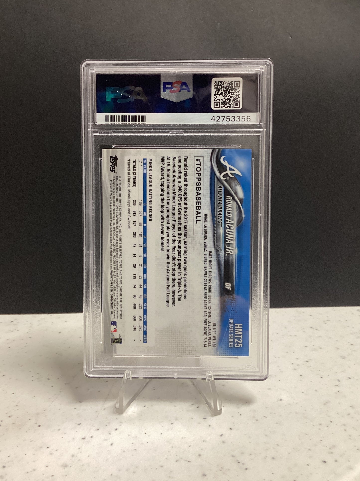 2018 Topps Chrome Update Ronald Acuna JR. #HMT25 Pink Refractor PSA 10