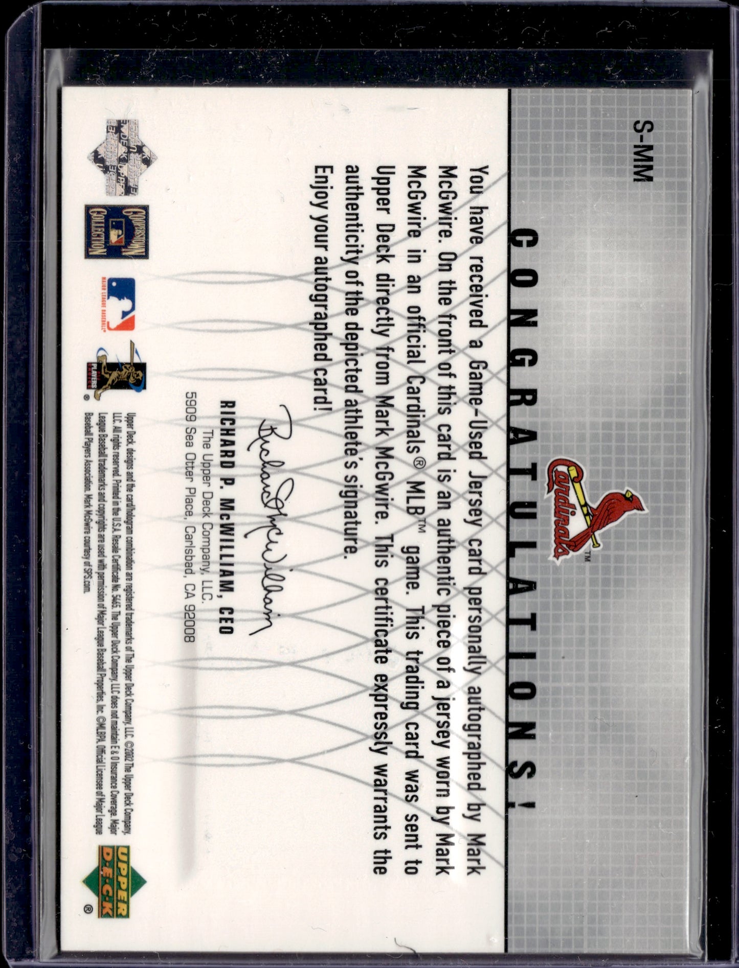 2001 Upper Deck SP Game Used Edition Mark McGwire Autograph Game Used Jersey /49