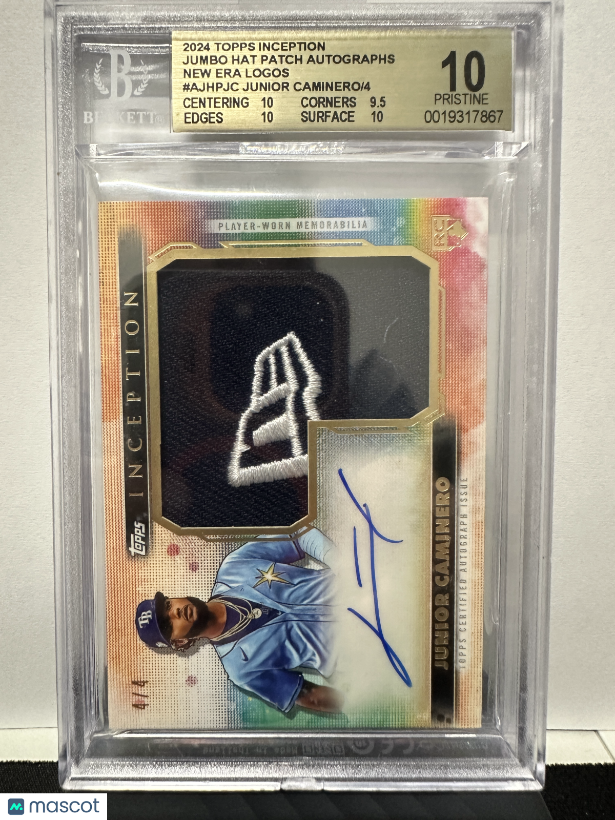 2024 Topps Inception Jumbo Hat Patch Autograph New Era Junior Caminero /4 BGS 10