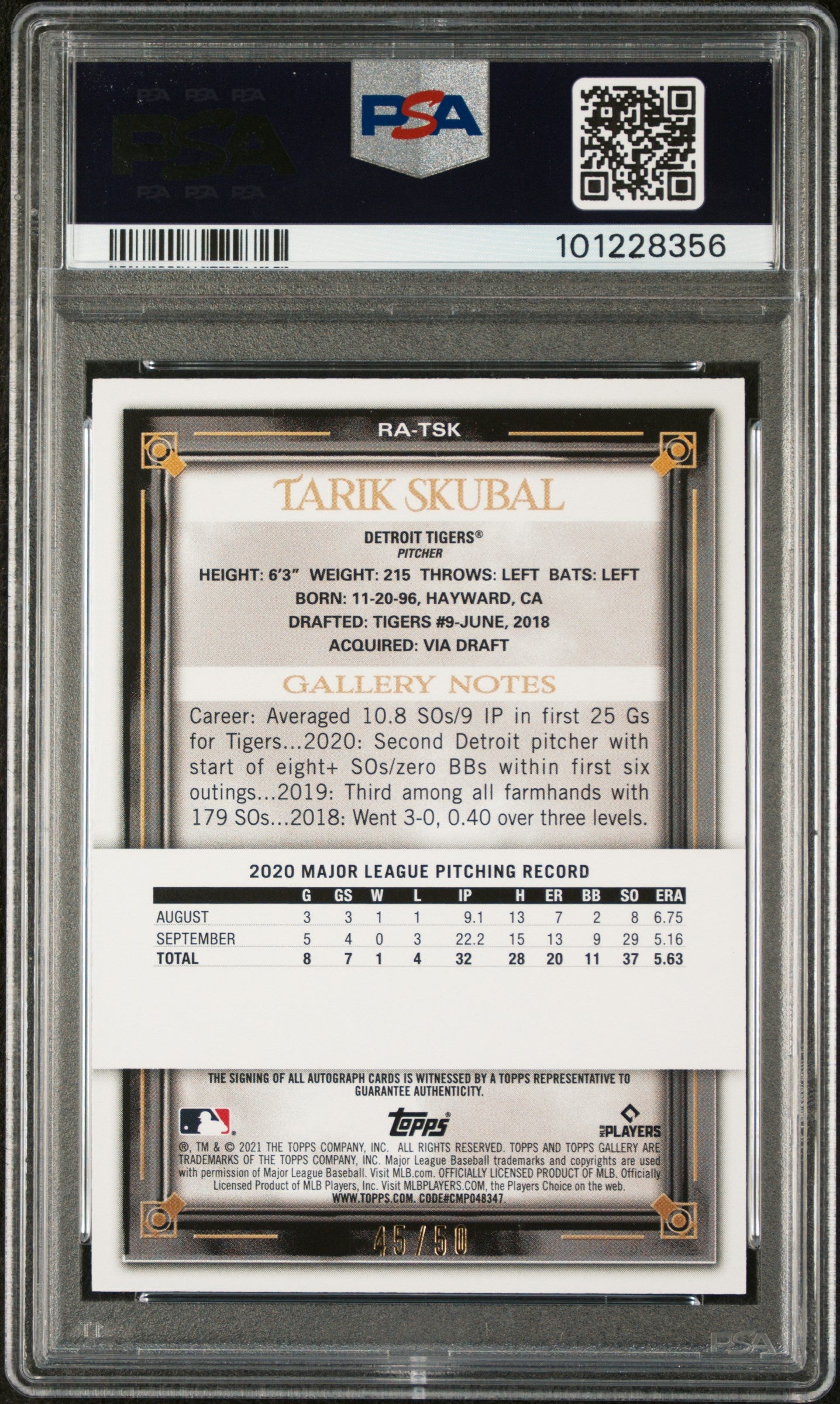 2021 Topps Gallery Gallery Autographs Tarik Skubal #RATSK Blue PSA 9