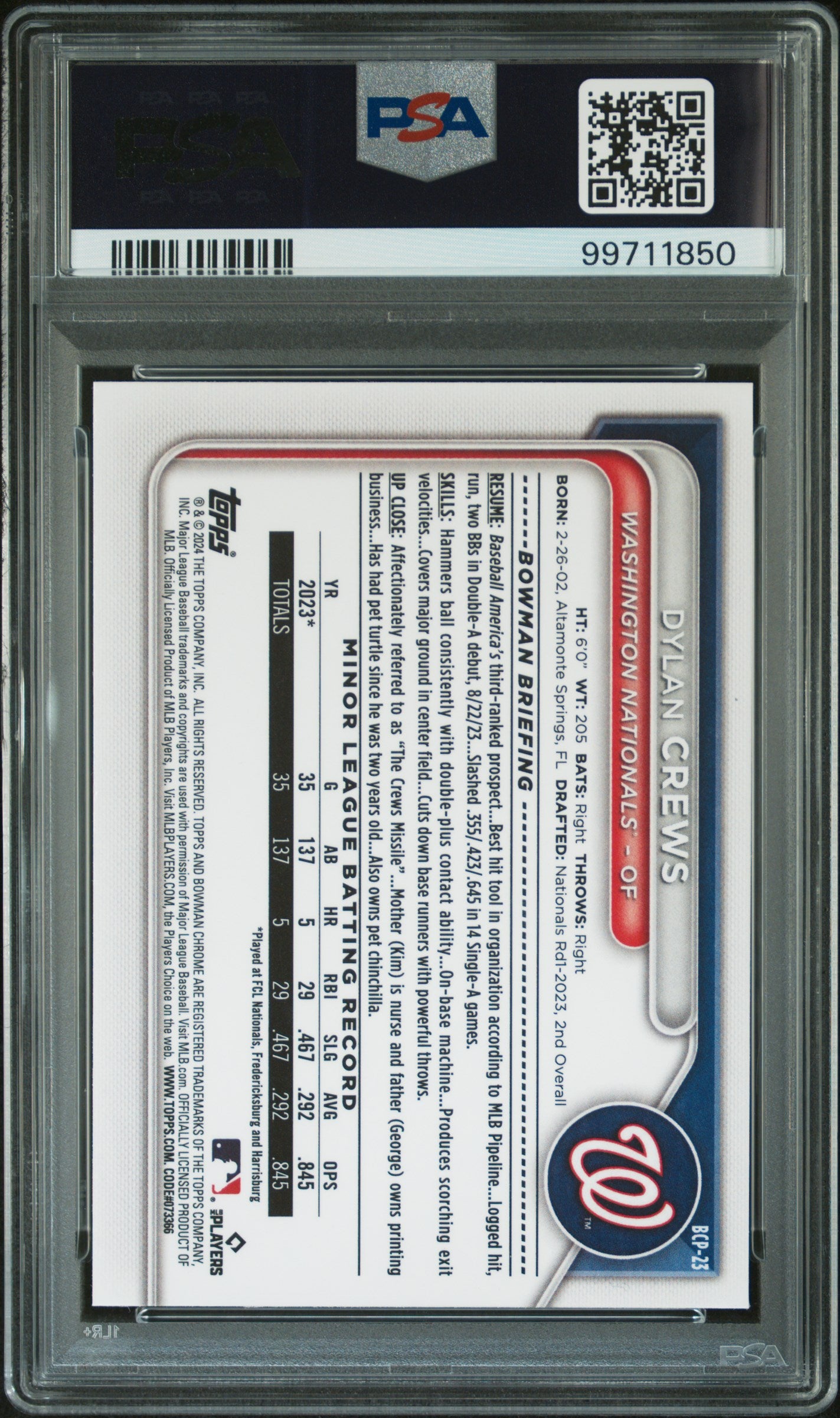 2024 Bowman Mega Box Chrome Prospects Dylan Crews #23 PSA 10