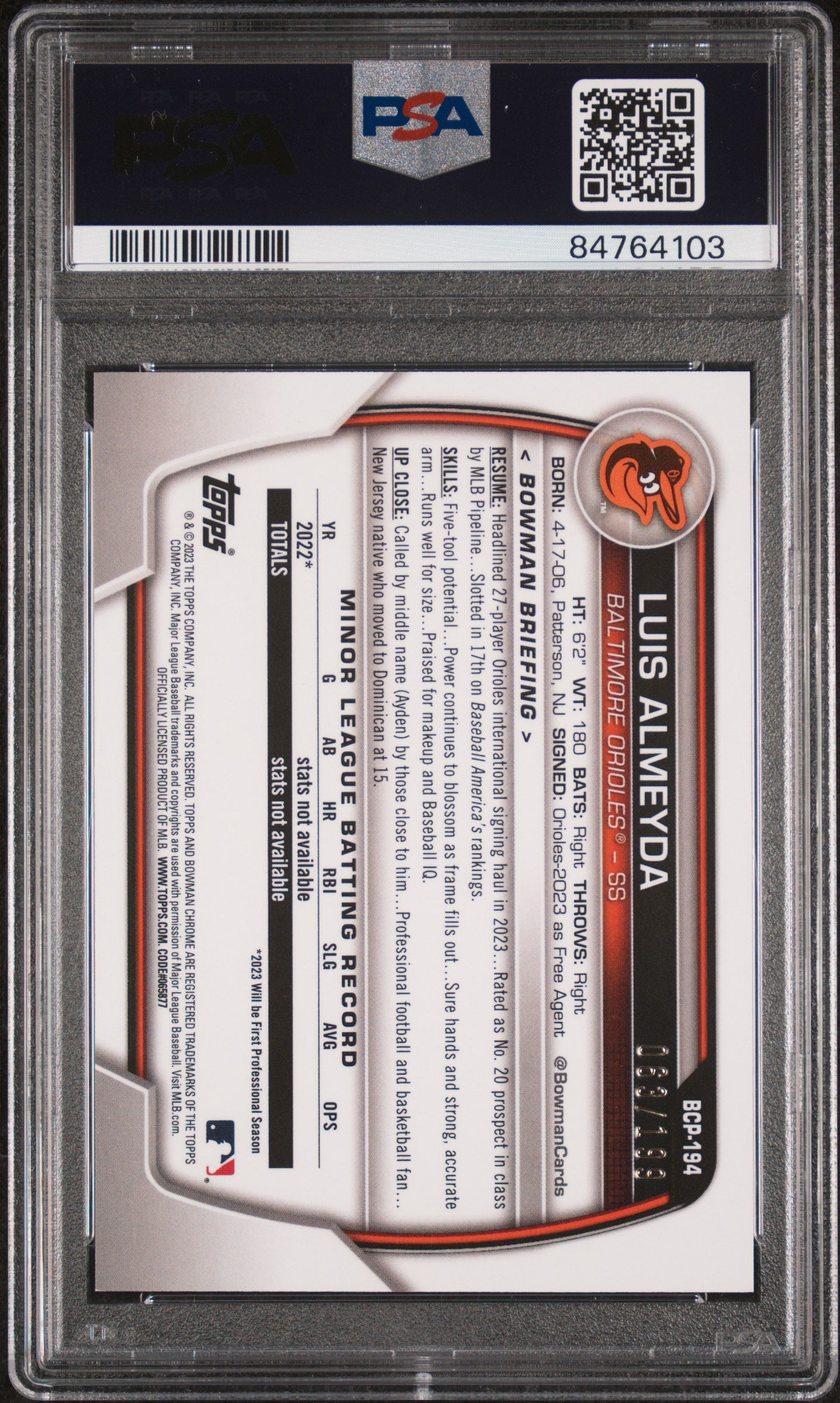 2023 Bowman Chrome Prospects Luis Almeyda #BCP194 Fuchsia Pink Vapor Ref PSA 10