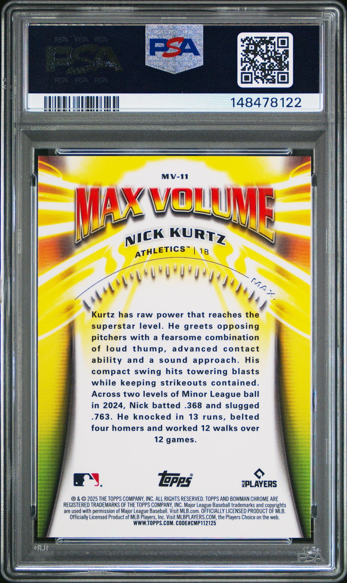 2025 Bowman Chrome Max Volume Nick Kurtz #MV-11 PSA 10
