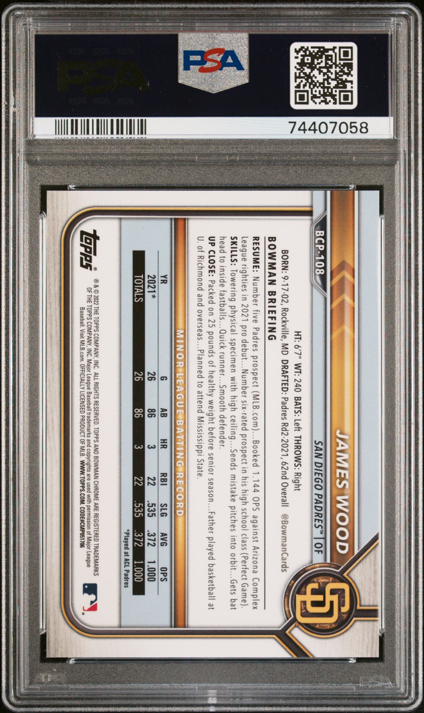 2022 Bowman Chrome Prospects James Wood #BCP108 CHR. Pros Blue /150 PSA 9