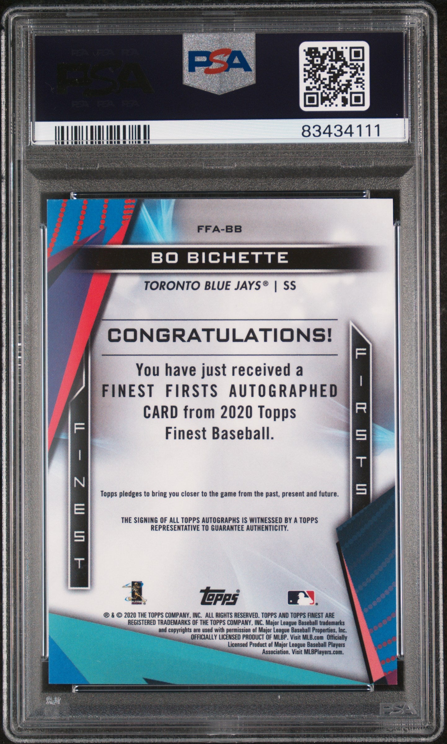 2020 Finest Firsts Autographs Bo Bichette #FFABB Gold Refractor 06/50 PSA 9