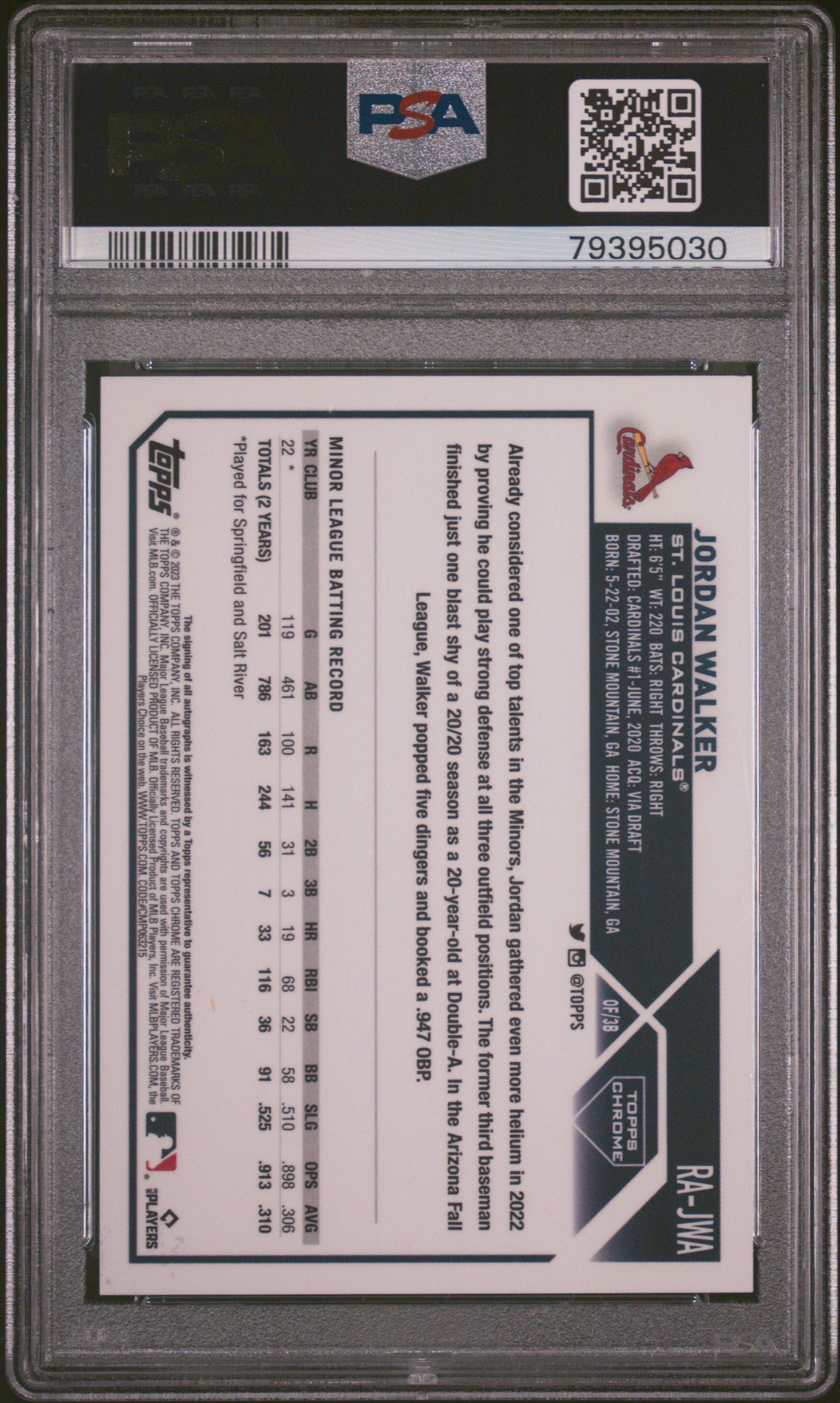 2023 Topps Chrome Rookie Autograph Jordan Walker #RAJWA Purple /299 PSA 10