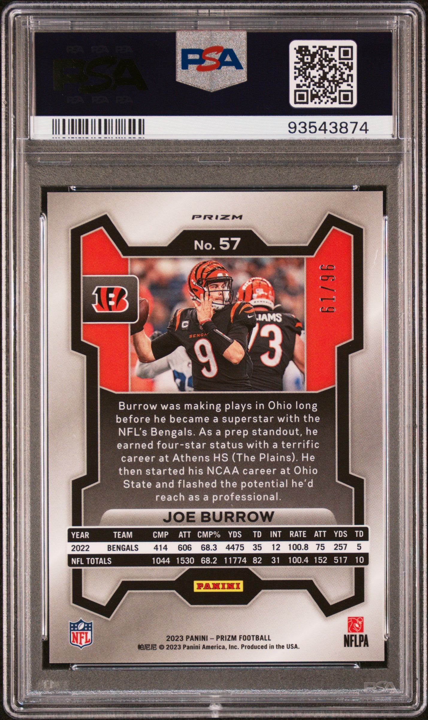 2023 Panini Prizm Joe Burrow #57 Blue Sparkle PSA 10