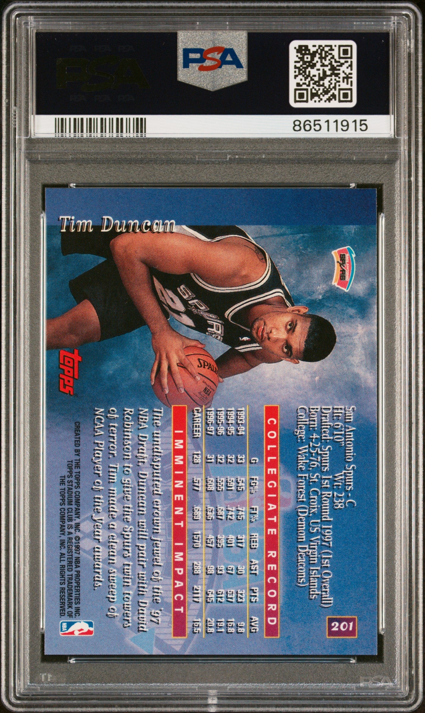 1997 Stadium Club Tim Duncan #201 PSA 8