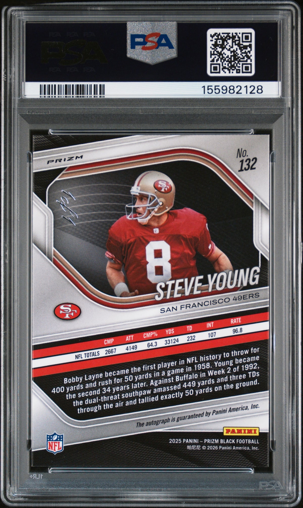 2025 Panini Prizm Black Steve Young #132 Autograph Nebula Fotl 1/1 PSA 10