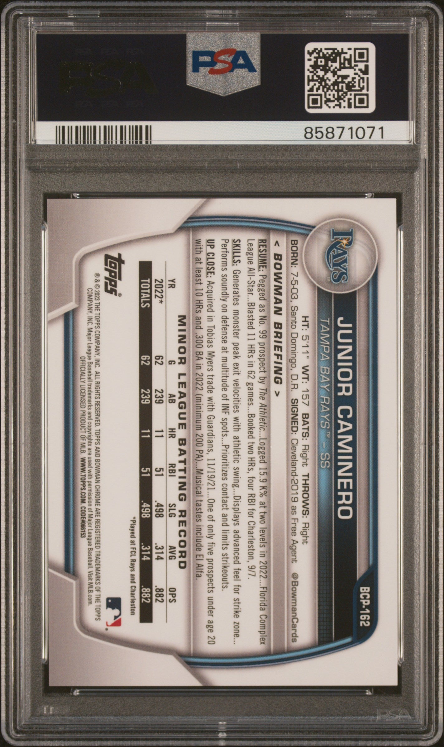 2023 Bowman Chrome Sapphire Prospects Junior Caminero #162 Aqua /99 PSA 10