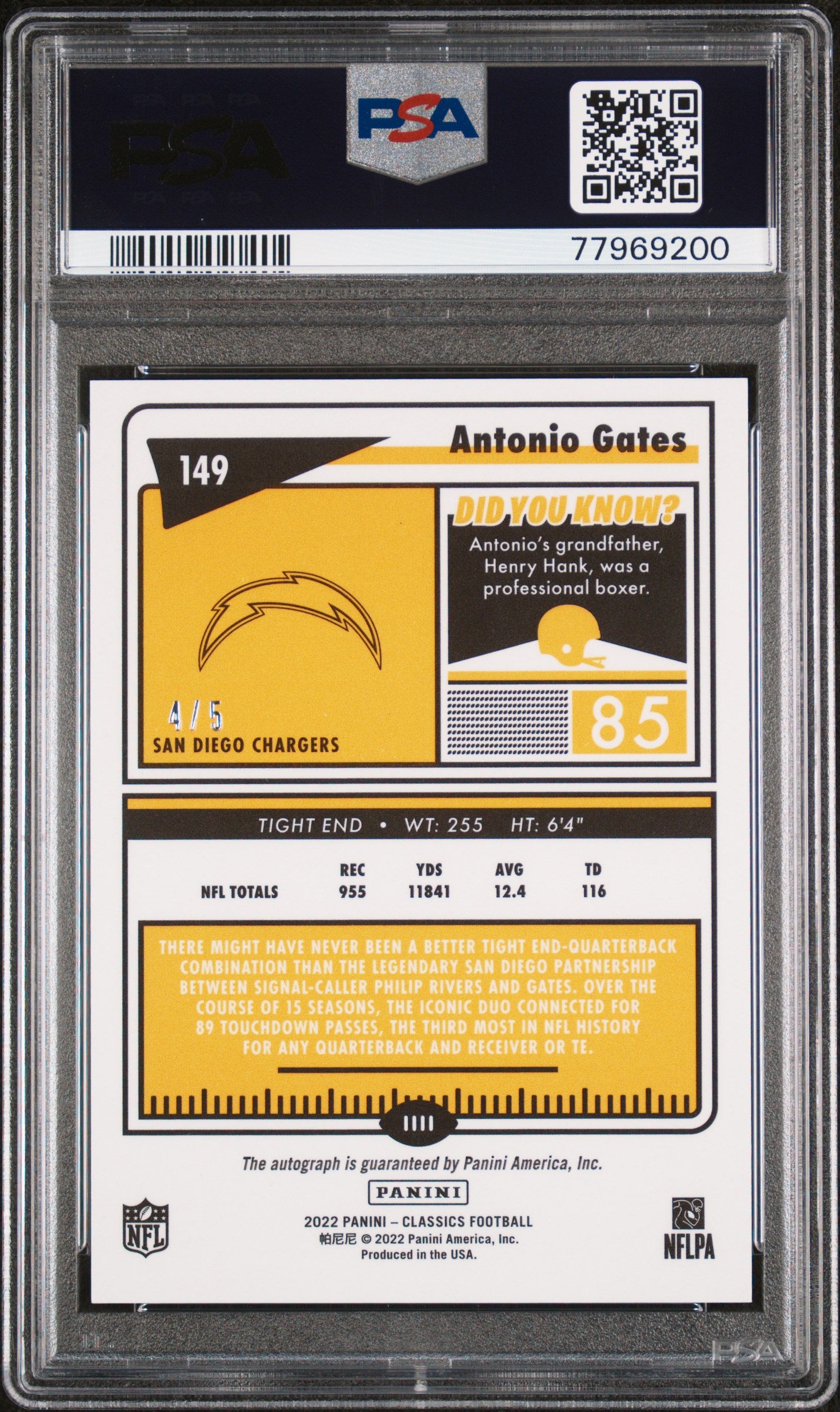 2022 Panini Classics Antonio Gates #149 E Significant SIG Blue PSA 9