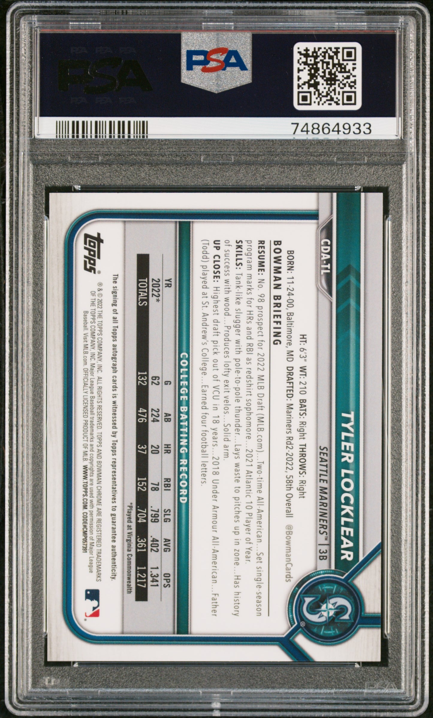 2022 Bowman Draft Chrome Draft Pick Autographs Tyler Locklear #CDATL /250 PSA 10