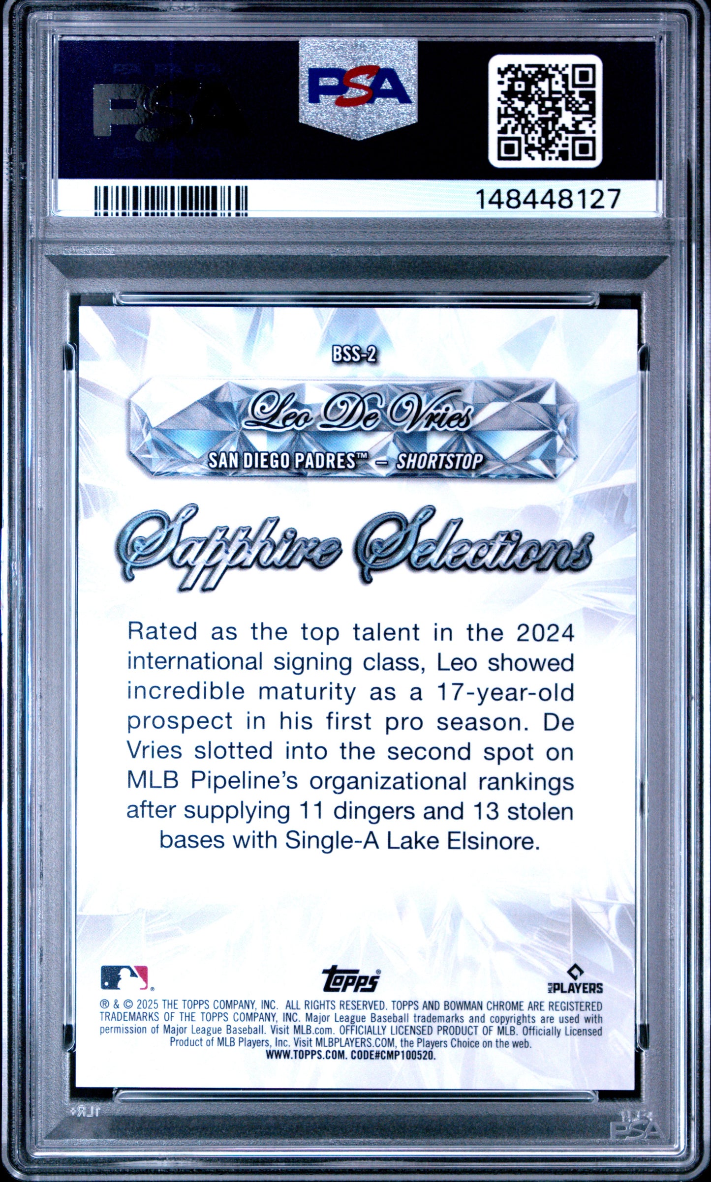 2025 Bowman Sapphire Edition Sapphire Selections Leo De Vries #BSS2 /25 PSA 10