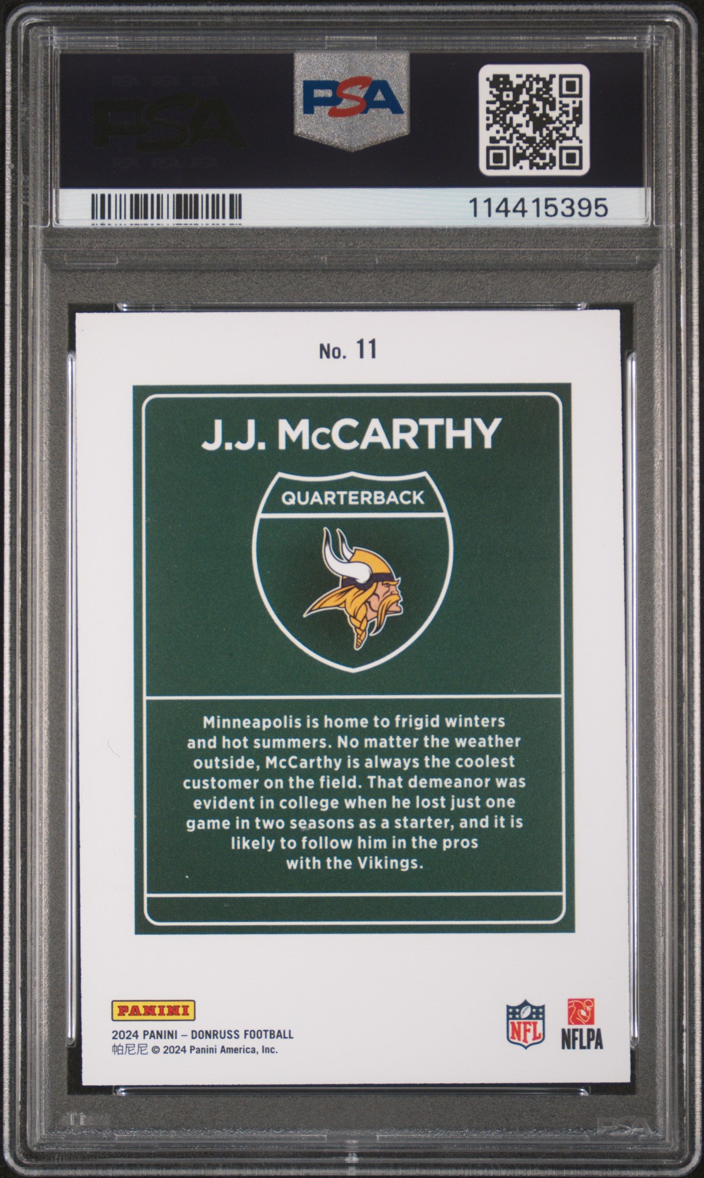 2024 Panini Donruss Downtown! JJ Mccarthy #11 PSA 10