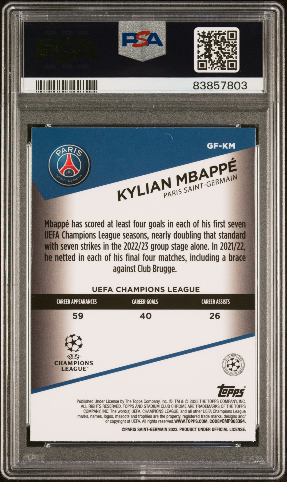 2022-23 Topps Stadium Club Chrome UEFA Club Competitions Kylian Mbappe PSA 10