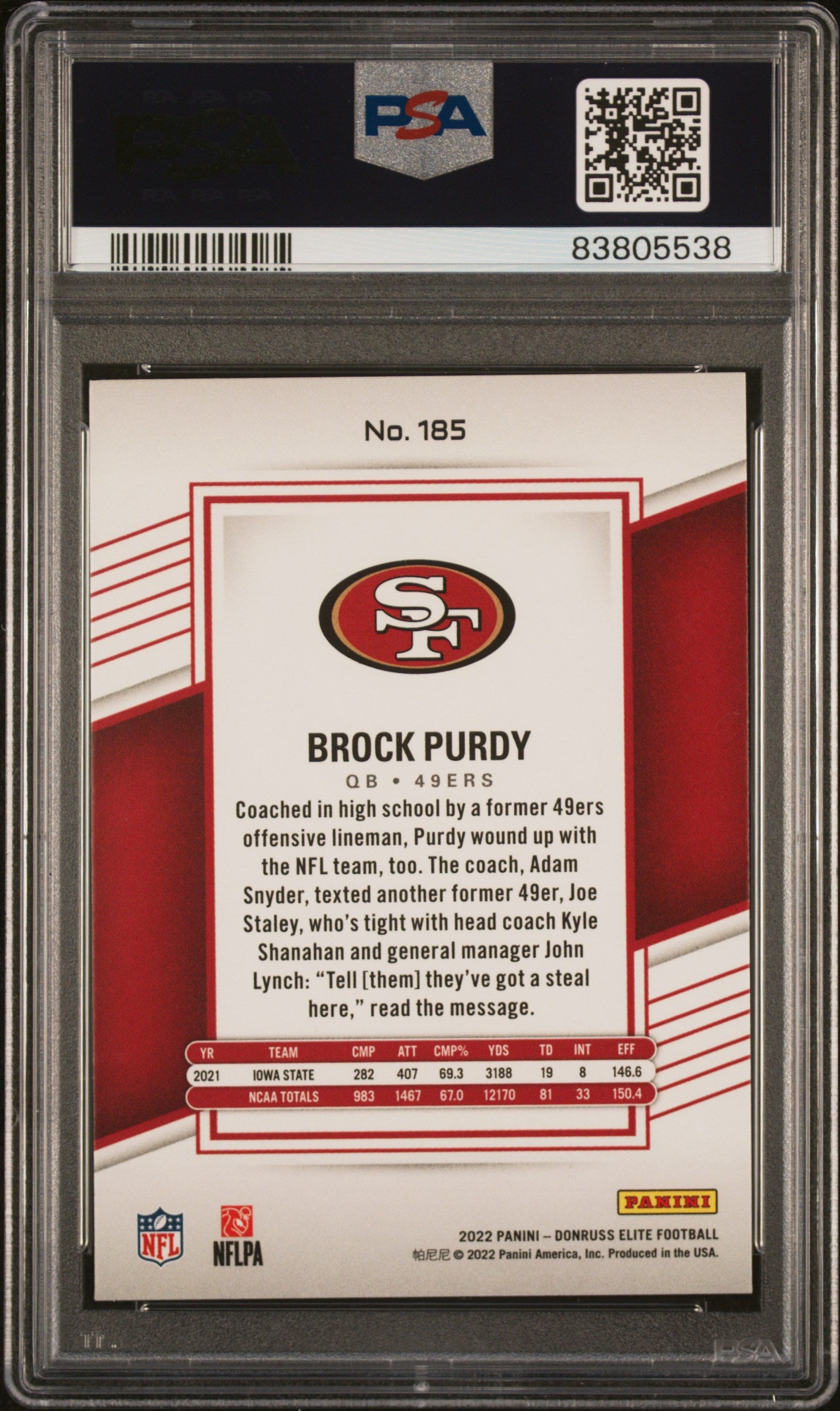 2022 Panini Donruss Elite Brock Purdy #185 Pink PSA 9