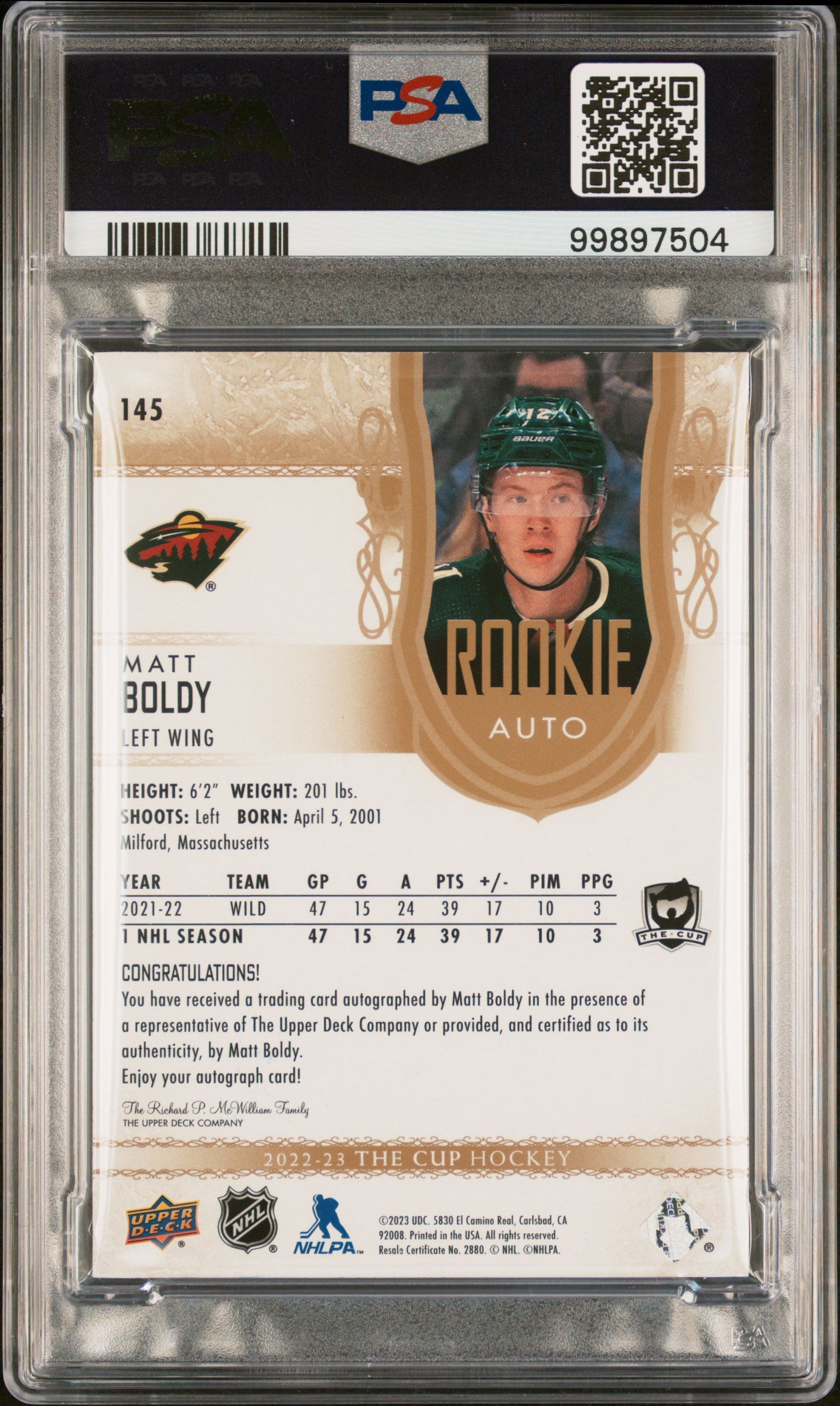 2022 Upper Deck The Cup Matt Boldy #145 Auto Gold Spectrum Foil PSA 8