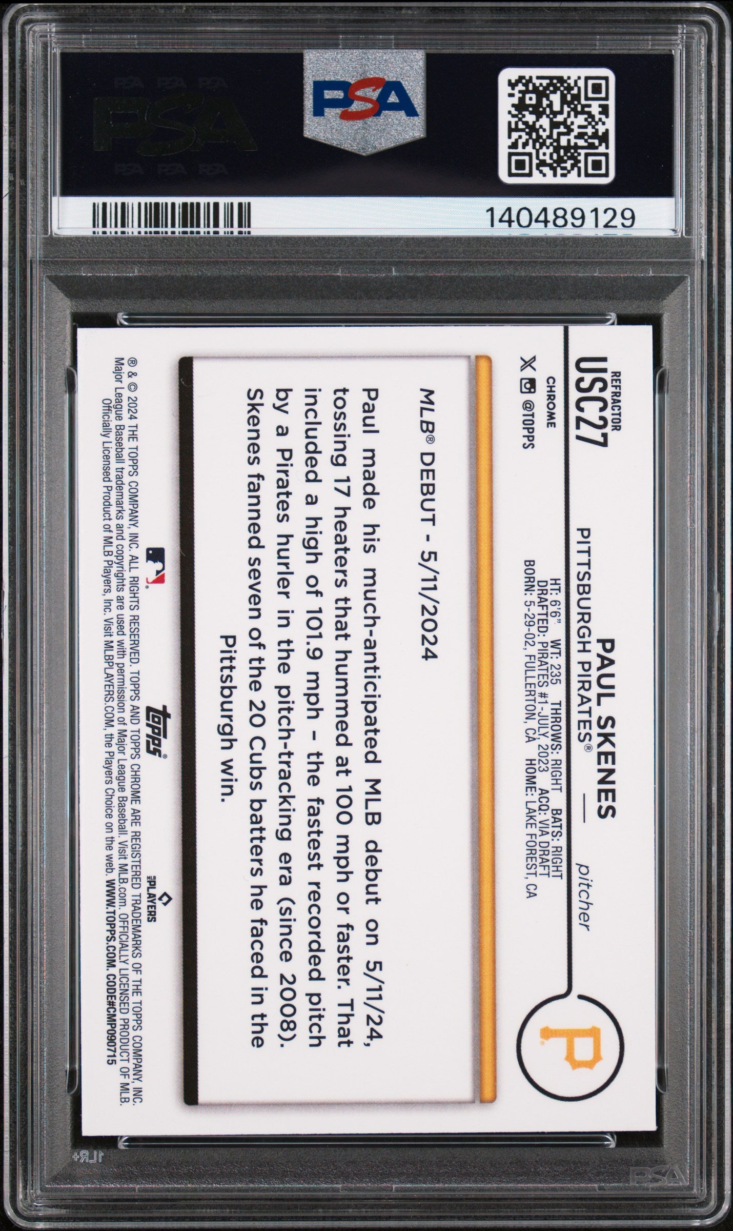 2024 Topps Chrome Update Paul Skenes #USC27 Refractor PSA 10