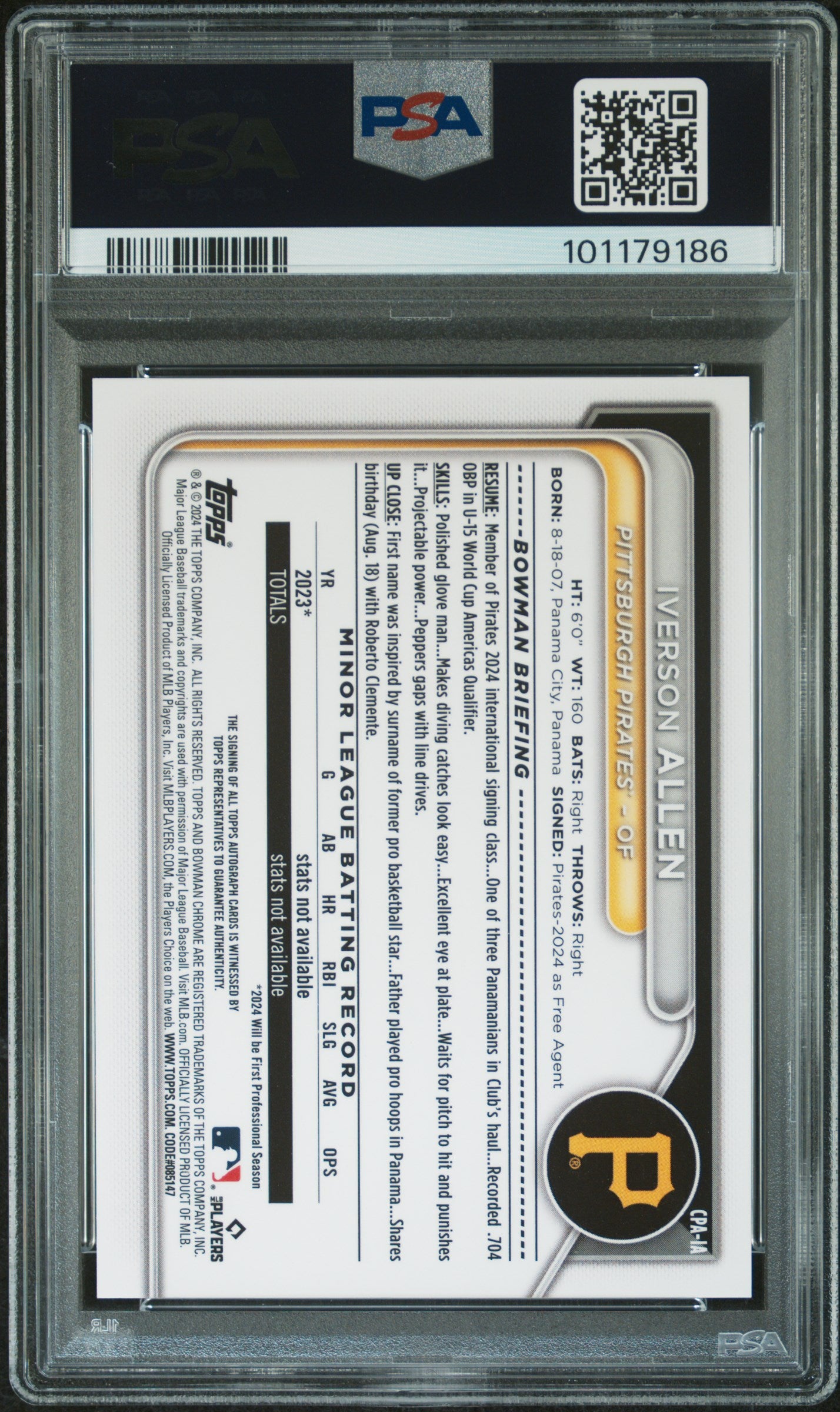 2024 Bowman Chrome Prospect Autographs Iverson Allen Org Shimmer /25 PSA 10