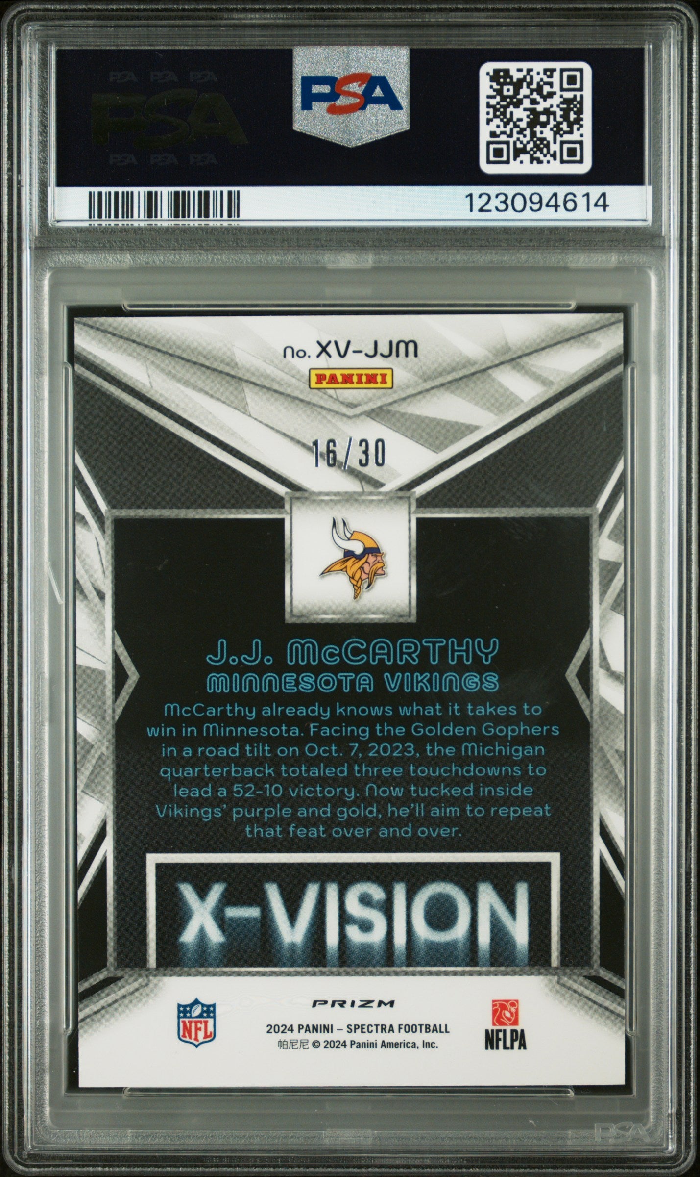2024 Panini Spectra X-Vision JJ Mccarthy #XVJJM Meta /30 PSA 10