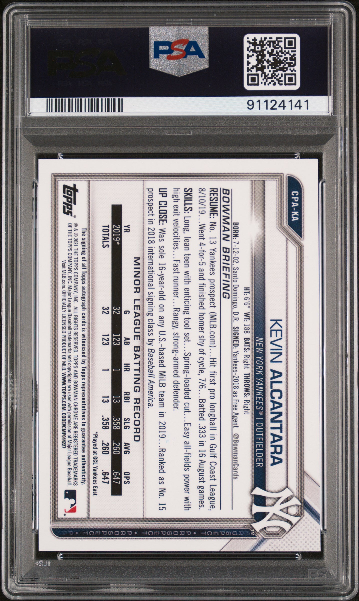 2021 Bowman Kevin Alcantara Auto Speckle Refractor 142/299 PSA 10