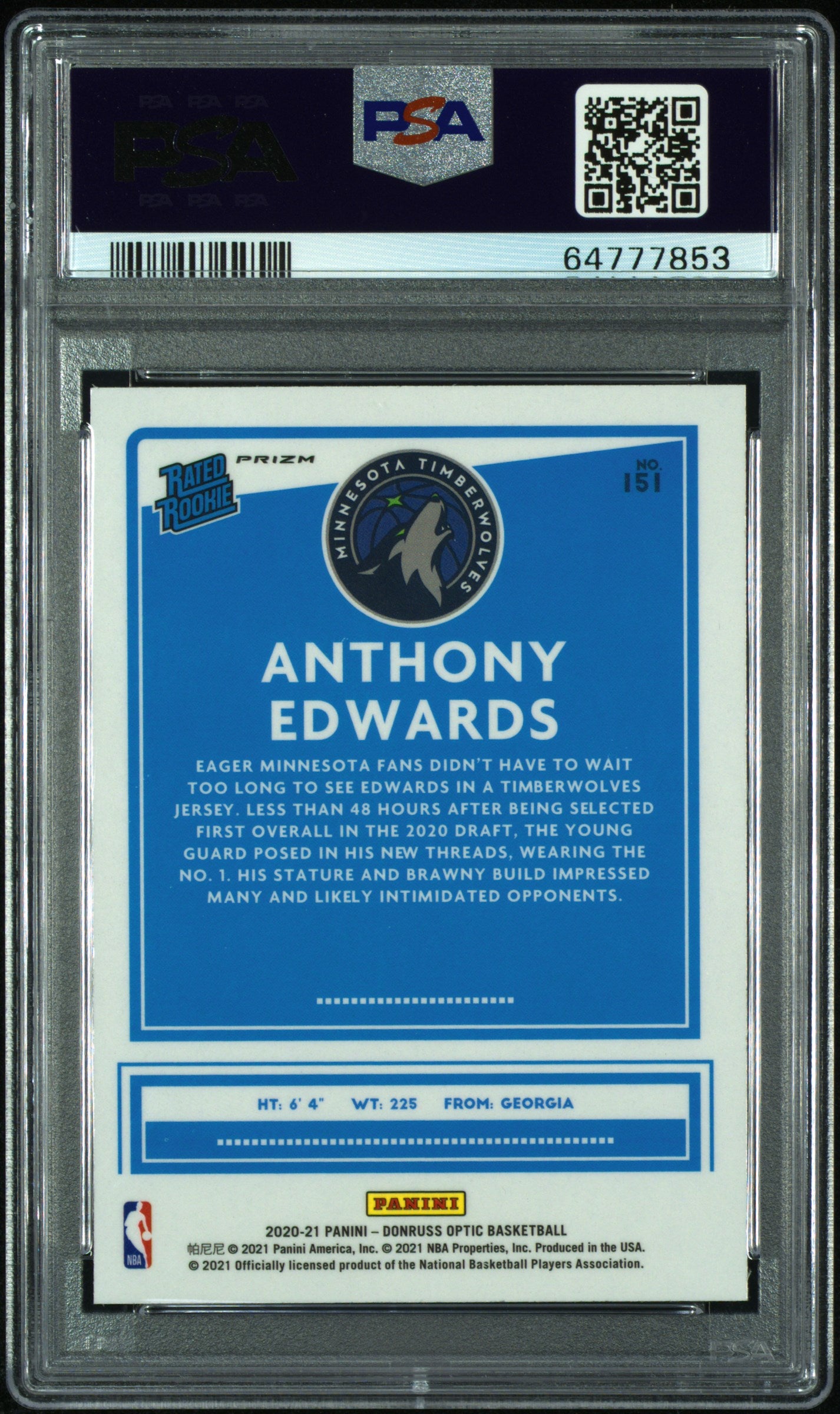 2020 Panini Donruss Optic Anthony Edwards #151 Blue Velocity PSA 9