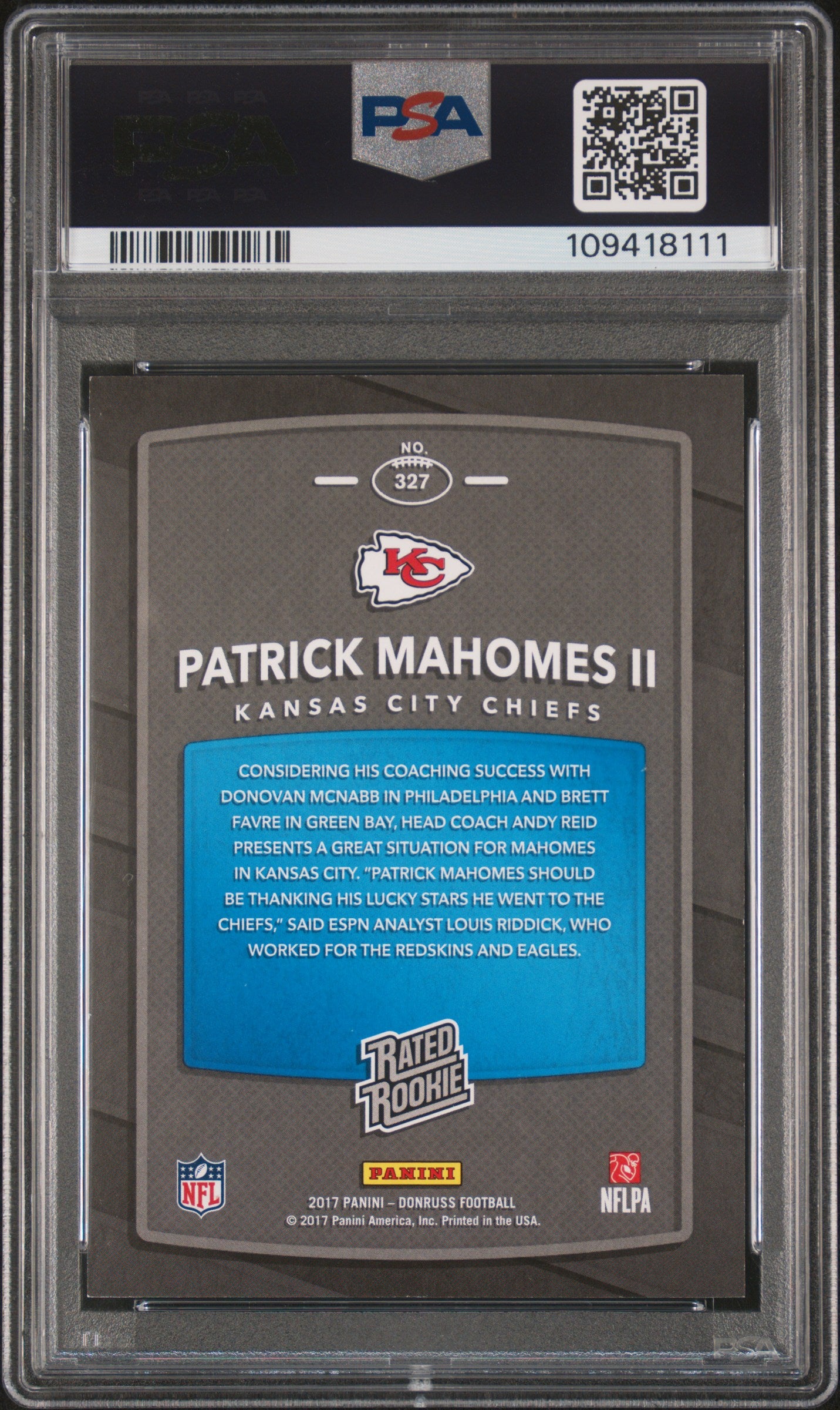 2017 Panini Donruss Patrick Mahomes II #327 PSA 8.5