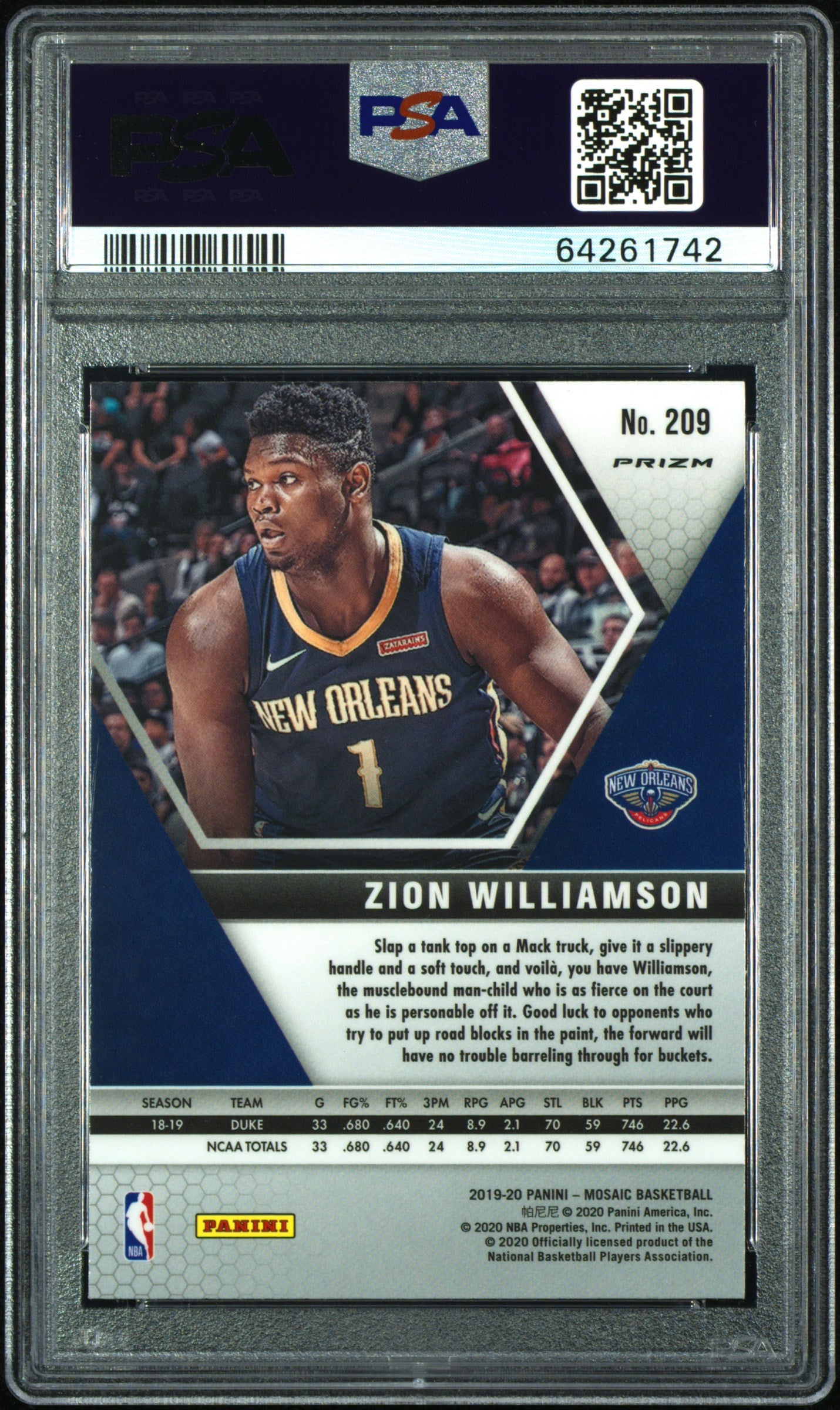 2019 Panini Mosaic Zion Williamson #209 Reactive Orange PSA 9