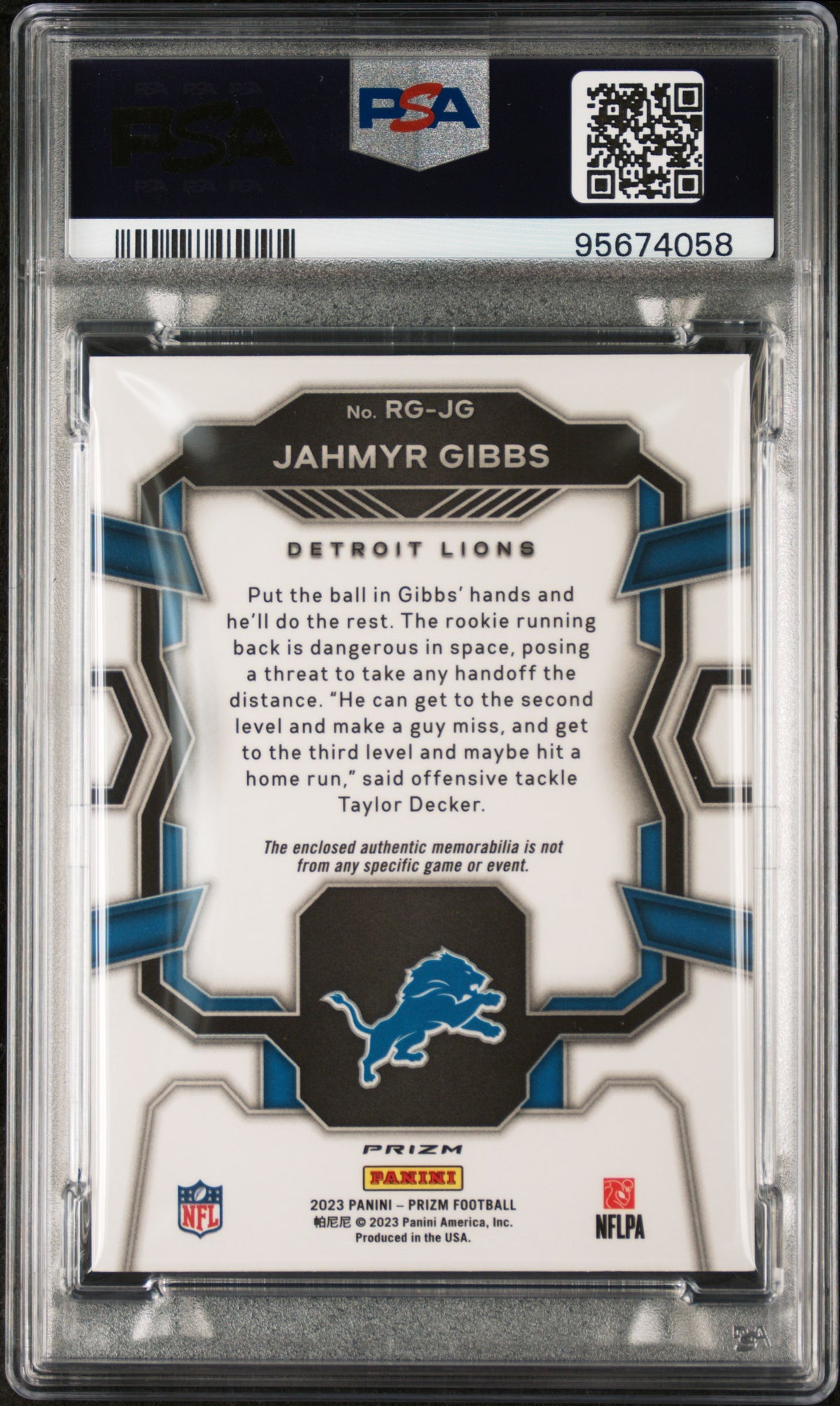 2023 Panini Prizm Rookie Gear Jahmyr Gibbs #RGJG PSA 9