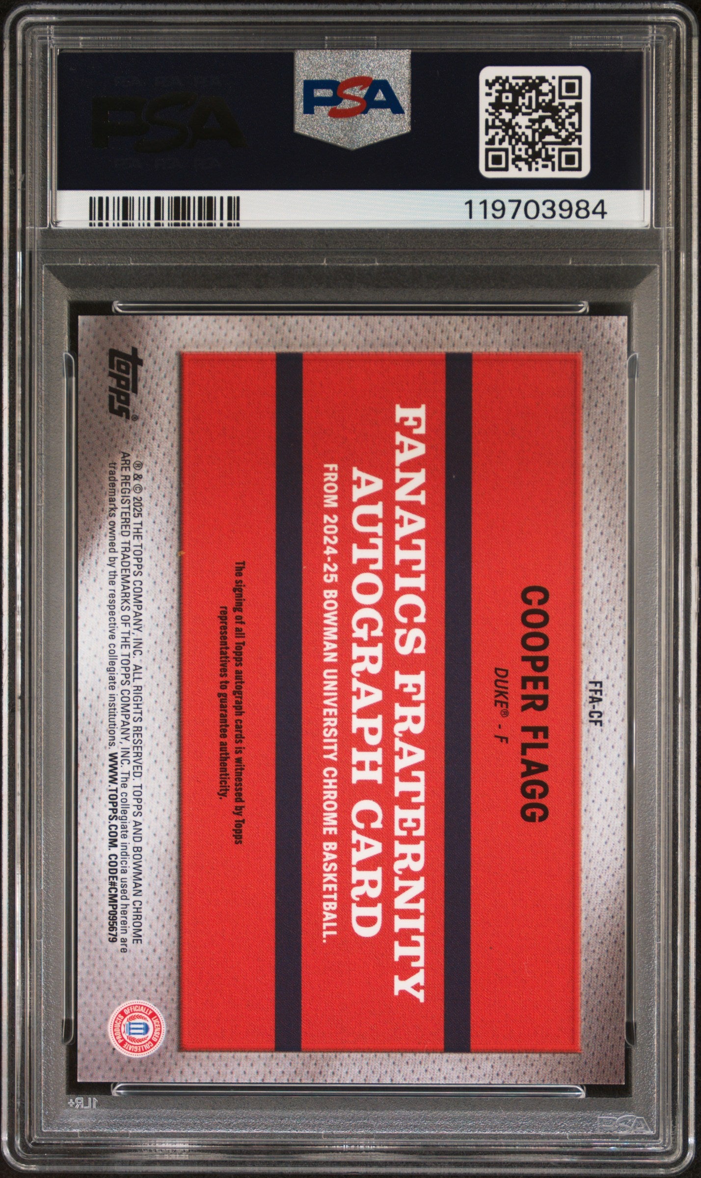 2024 Bowman Chrome University Fanatics Fraternity Autographs Cooper Flagg PSA 10