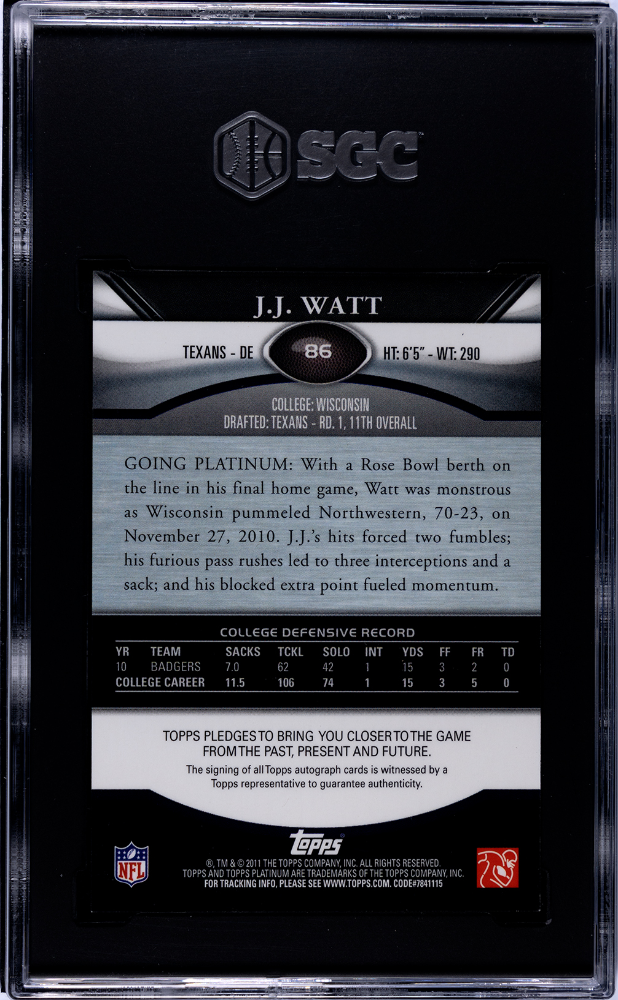 2011 Topps Platinum JJ Watt #86 Autograph SGC 8.5