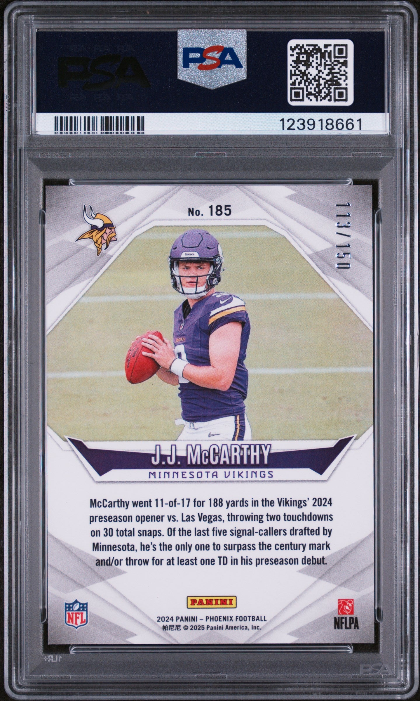 2024 Panini Phoenix JJ Mccarthy #185 NFL Shield PSA 10