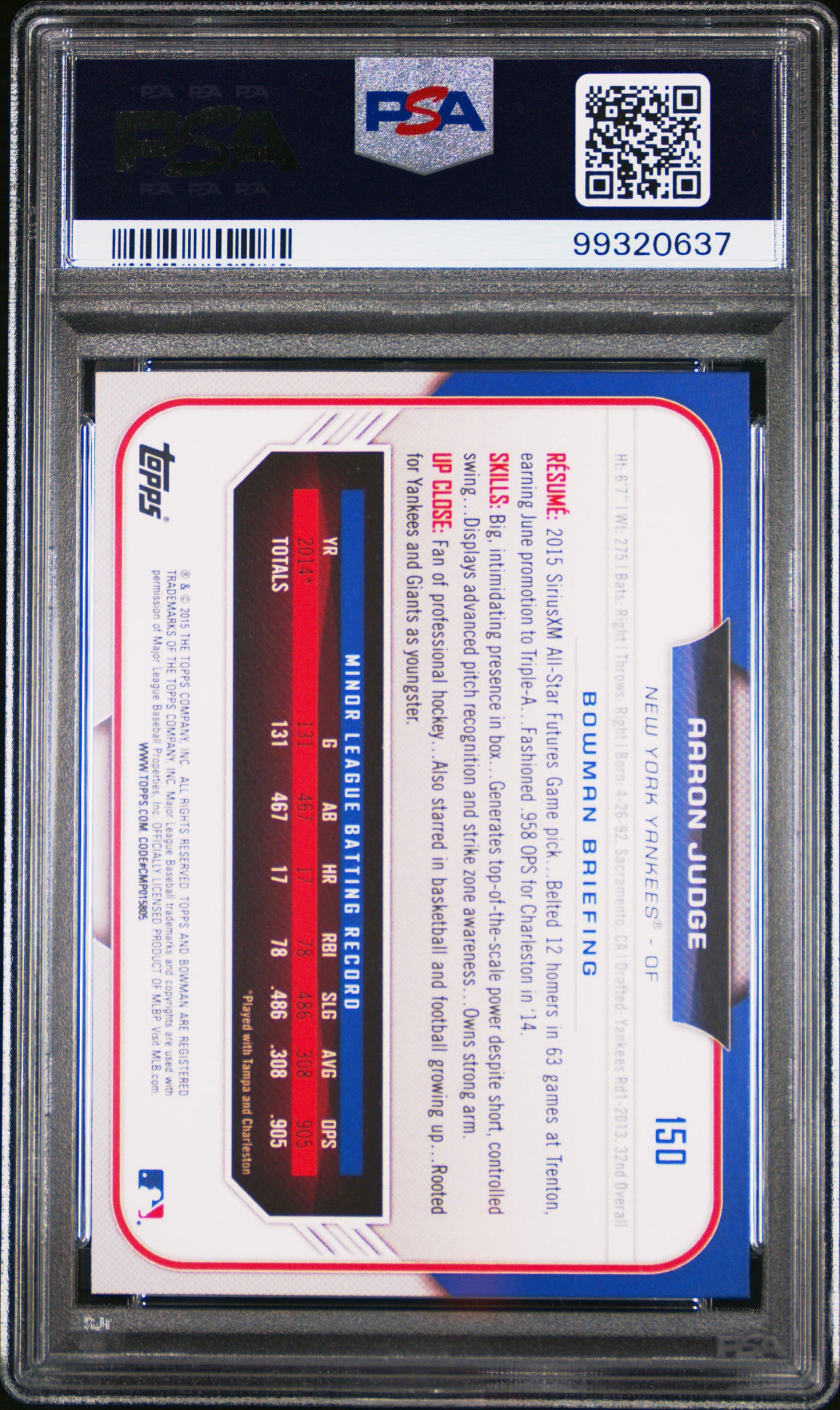 2015 Bowman Draft Aaron Judge #150 PSA 9
