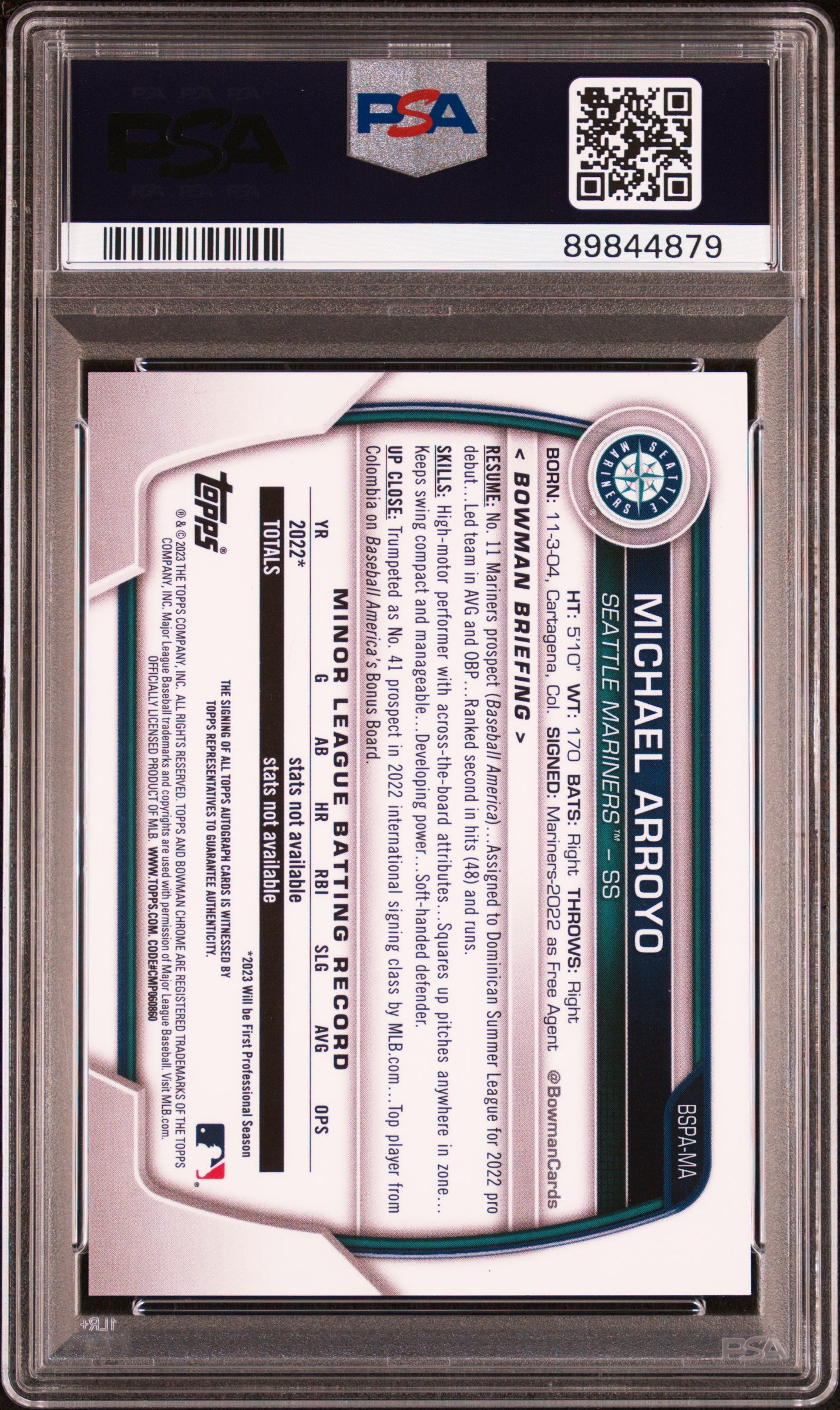 2023 Bowman Sapphire Chrome Prospects Autographs Michael Arroyo #BSPAMA PSA 10
